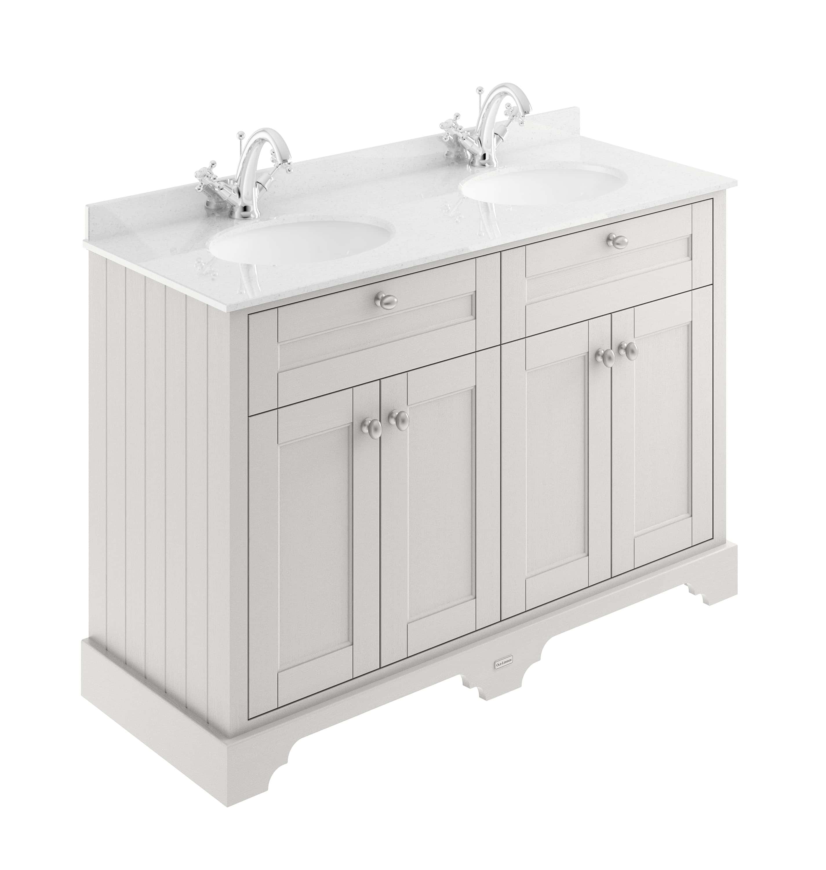 Double sink bathroom vanity with elegant white cabinetry and marble countertop, perfect for modern bathroom design. Features dual basins, stylish hardware, and ample storage space.