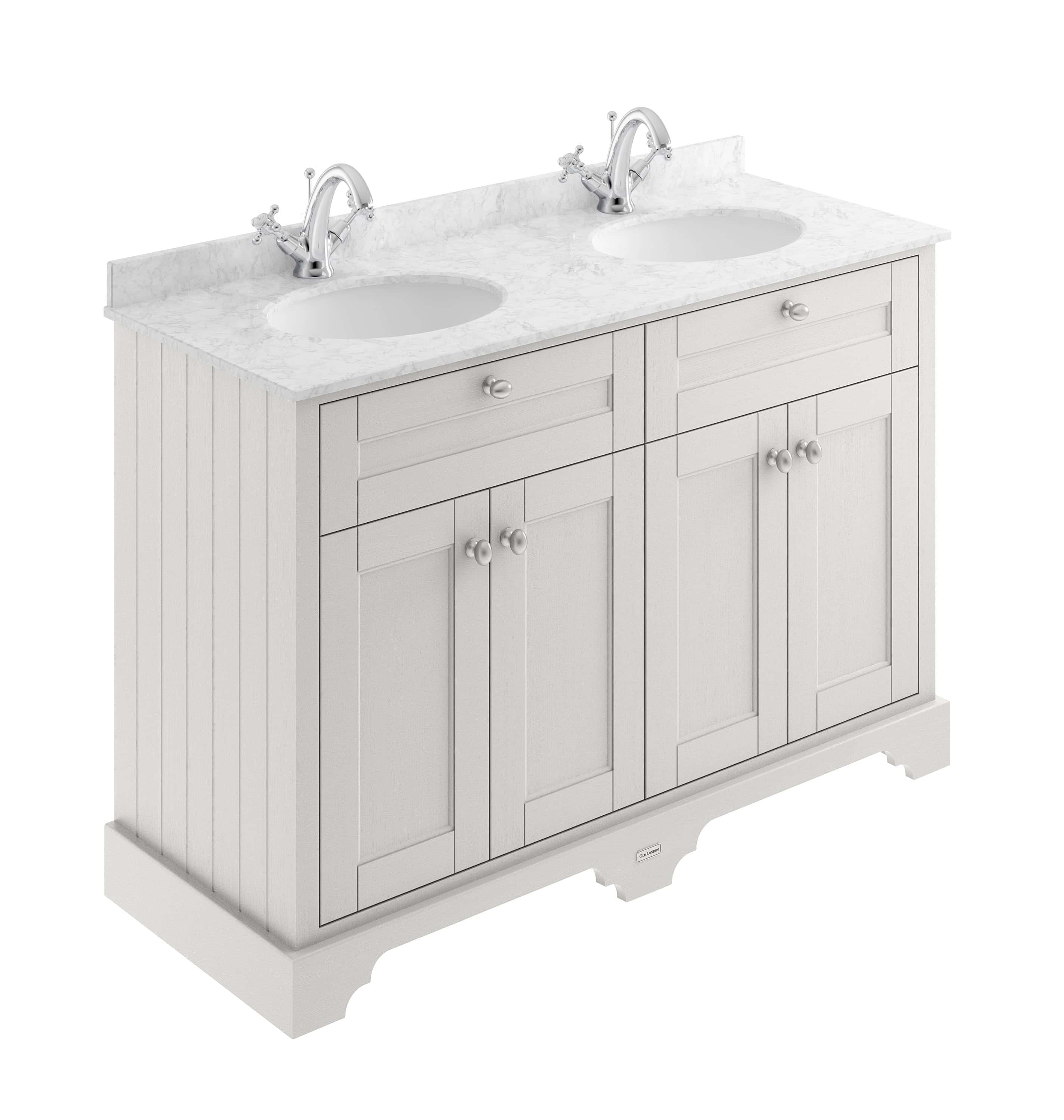 Polished white double vanity bathroom unit with marble countertop and two undermount sinks, featuring traditional design and chrome fixtures. Perfect for classic and modern bathrooms.