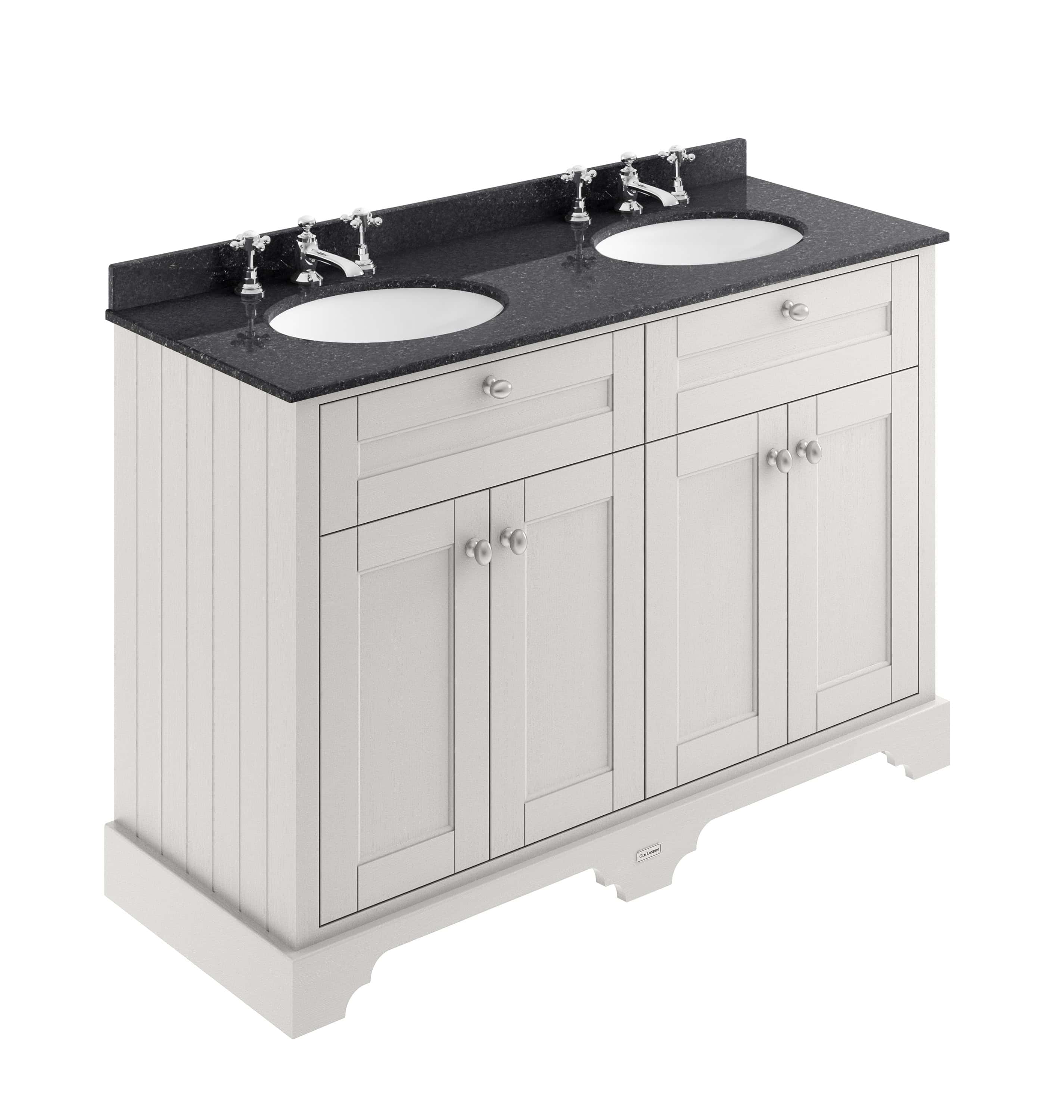 Double bathroom vanity unit with black granite top, twin sinks, and chrome taps, featuring white wooden cabinetry with traditional panel doors, ideal for modern and classic bathroom designs.