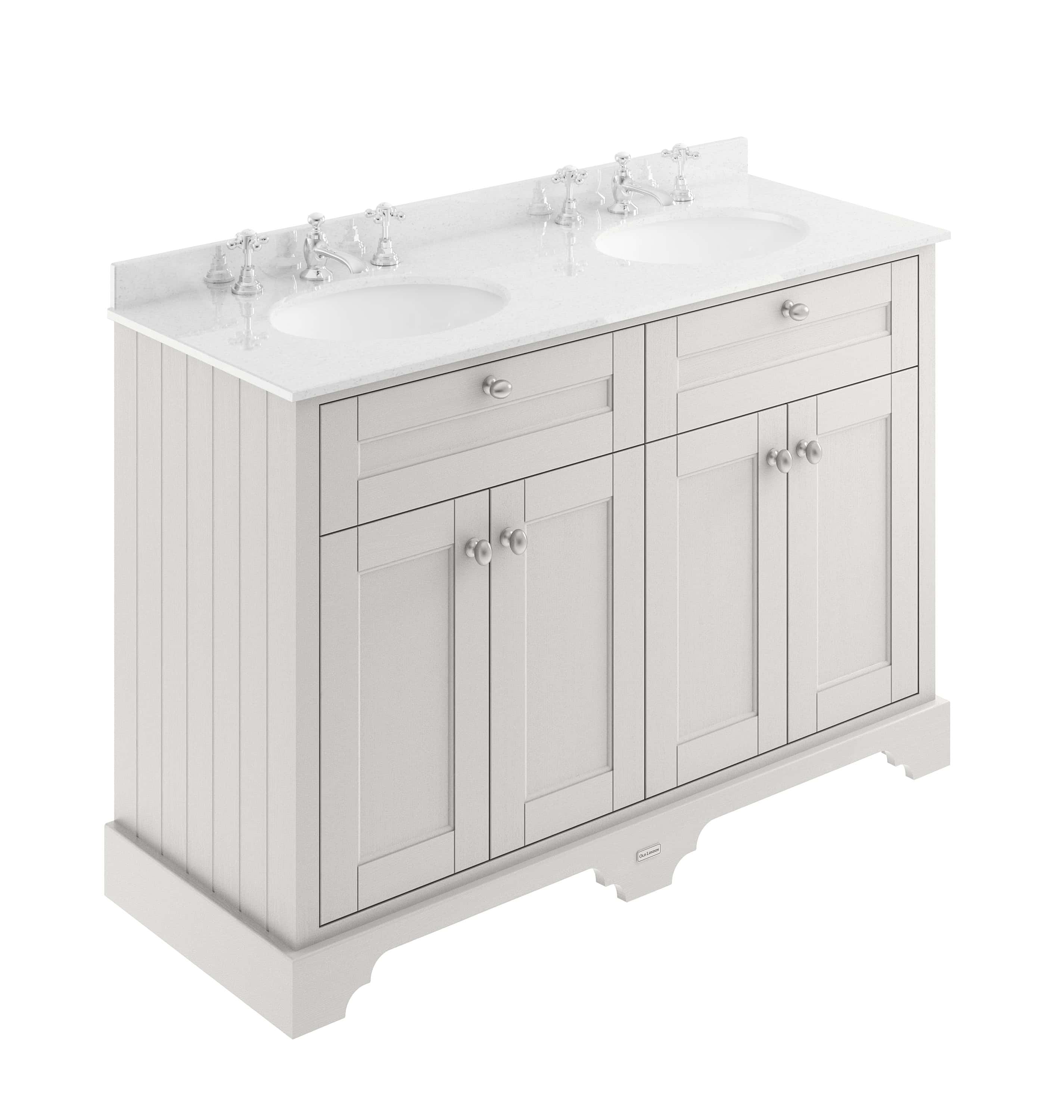 Elegant white bathroom vanity with dual sinks and chrome fixtures, perfect for classic bathroom designs and modern renovation projects. Crafted for durability and style.