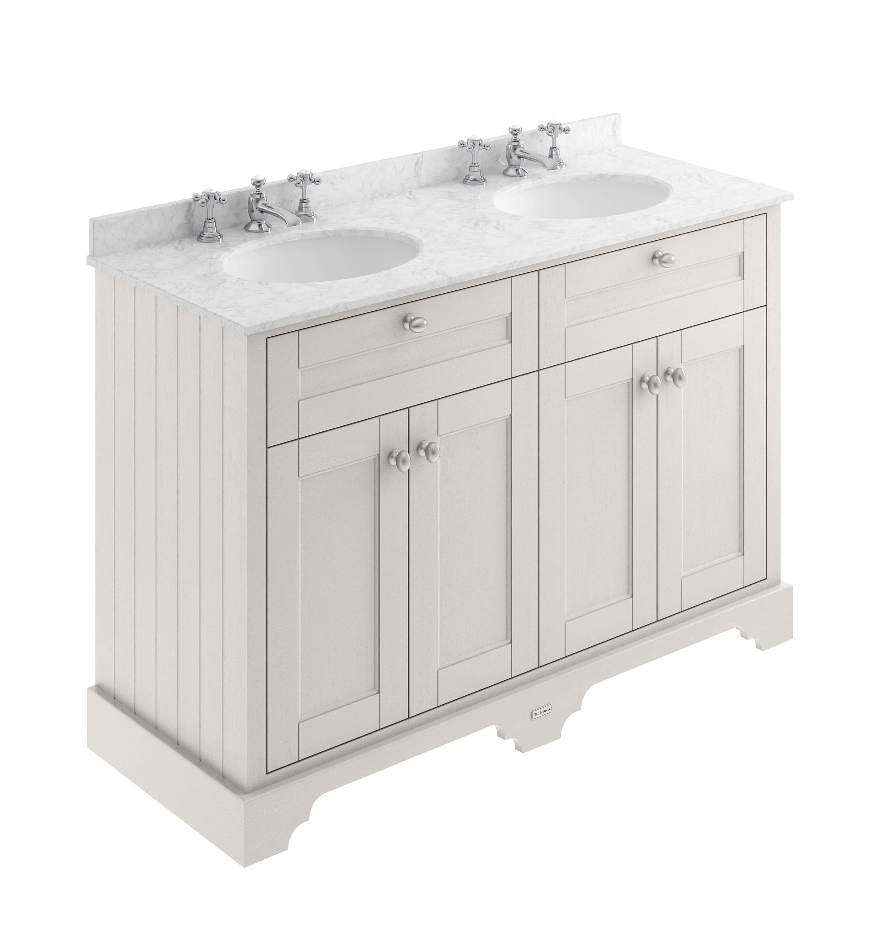 Luxurious white double vanity bathroom cabinet with marble countertop, chrome faucets, and classic design, ideal for elegant and functional bathroom remodels.