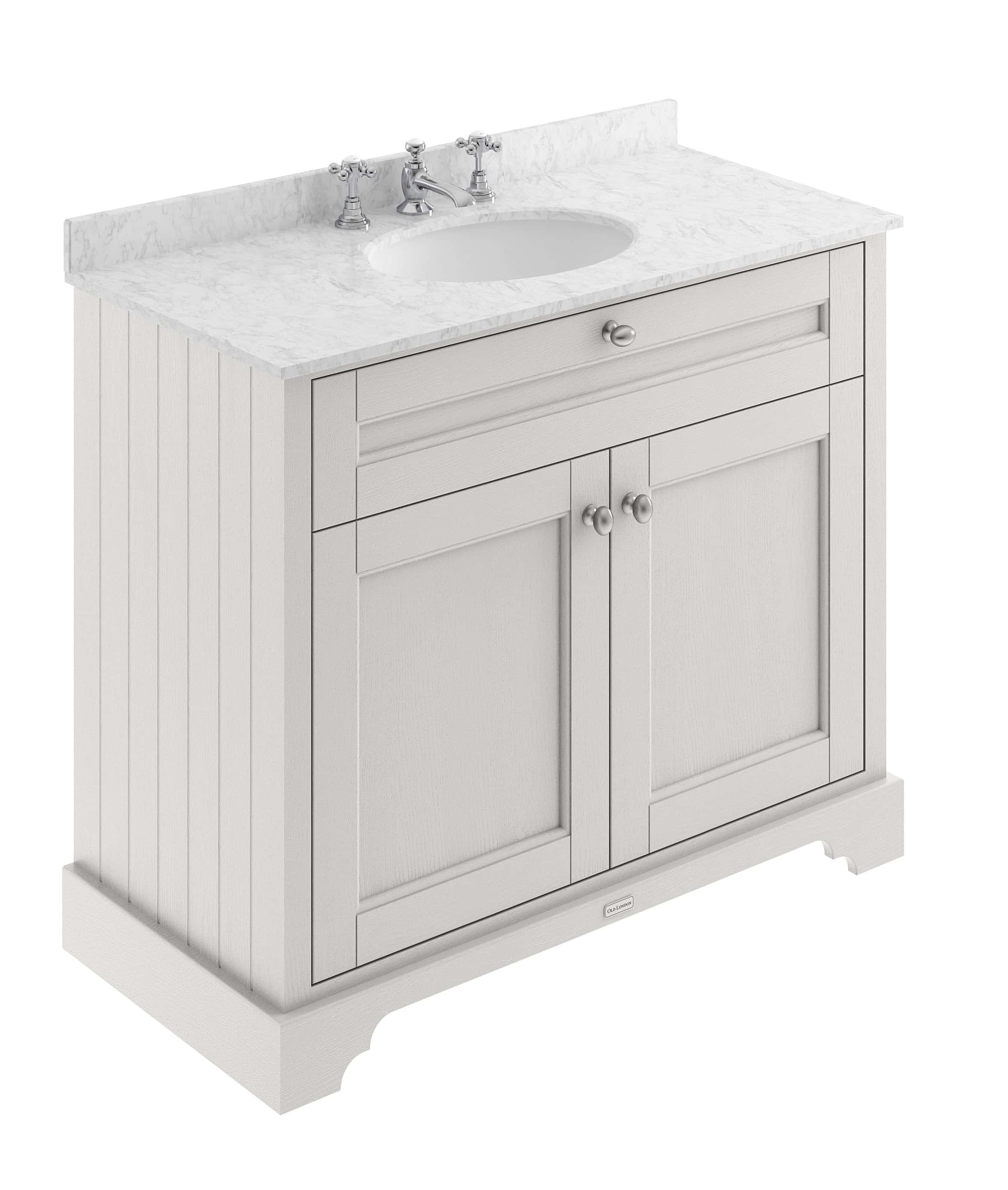 Sleek white bathroom vanity with marble countertop, traditional design, dual storage cabinets, and chrome fixtures, perfect for modern bathroom renovations and elegant bathroom furniture.