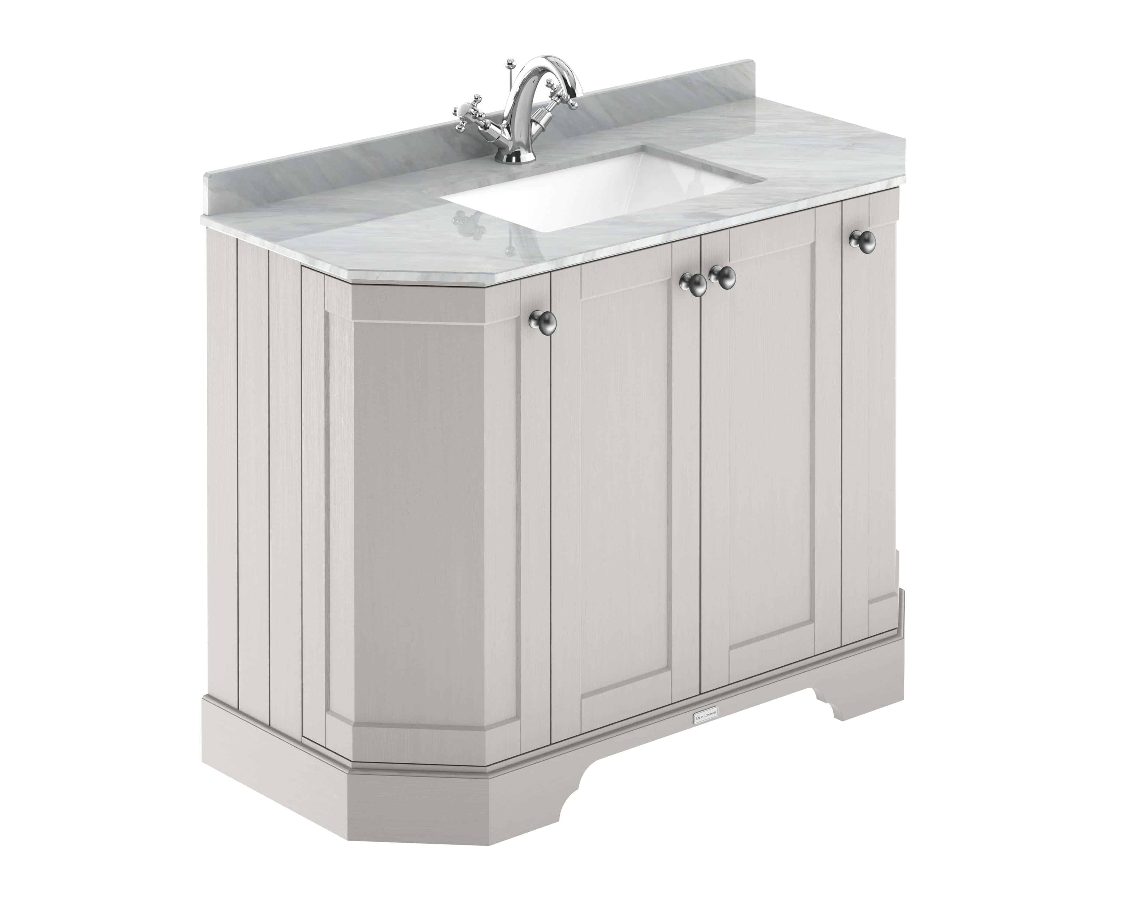 Polished grey bathroom vanity with marble countertop and undermount sink, perfect for modern Bubly bathrooms. Features classic cabinetry with round knobs and chrome finish faucet for elegant bathroom decor.