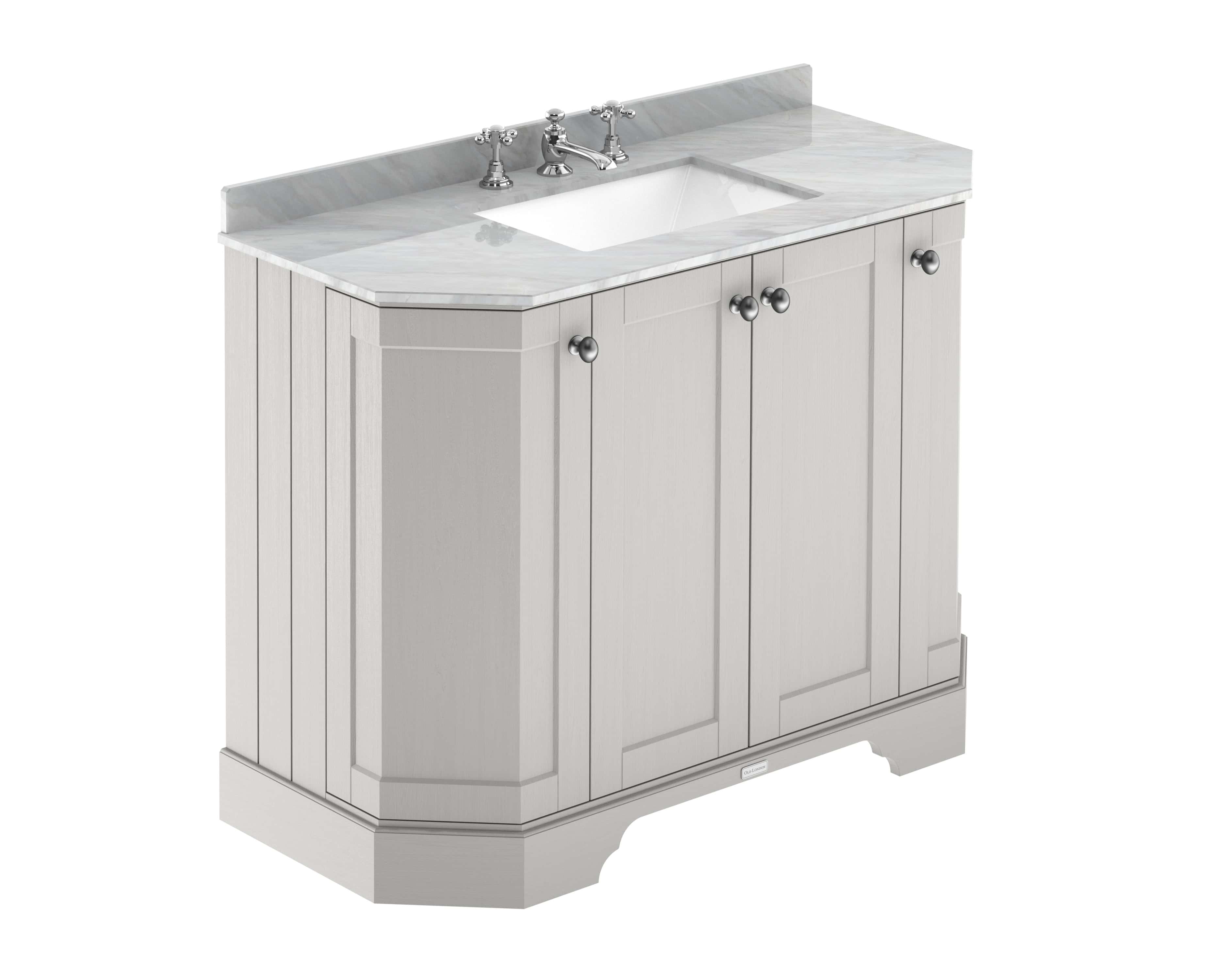Polished grey bathroom vanity unit with marble top, traditional style, chrome handles, and integrated sink, ideal for classic bathroom interiors.