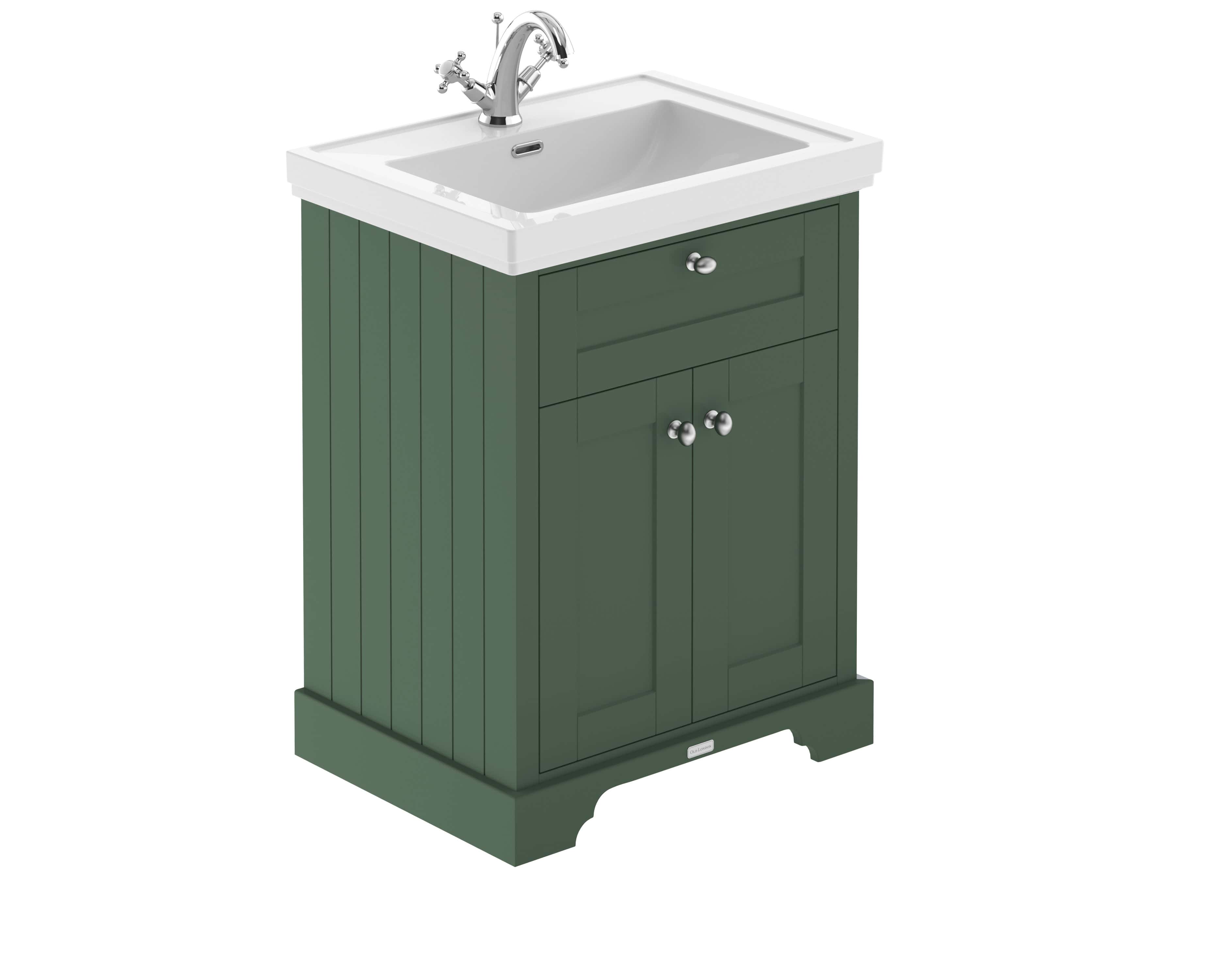 Elegant bathroom vanity unit with integrated sink, green finish, and chrome fixtures for modern bathroom design. Perfect for stylish and functional bathroom updates.