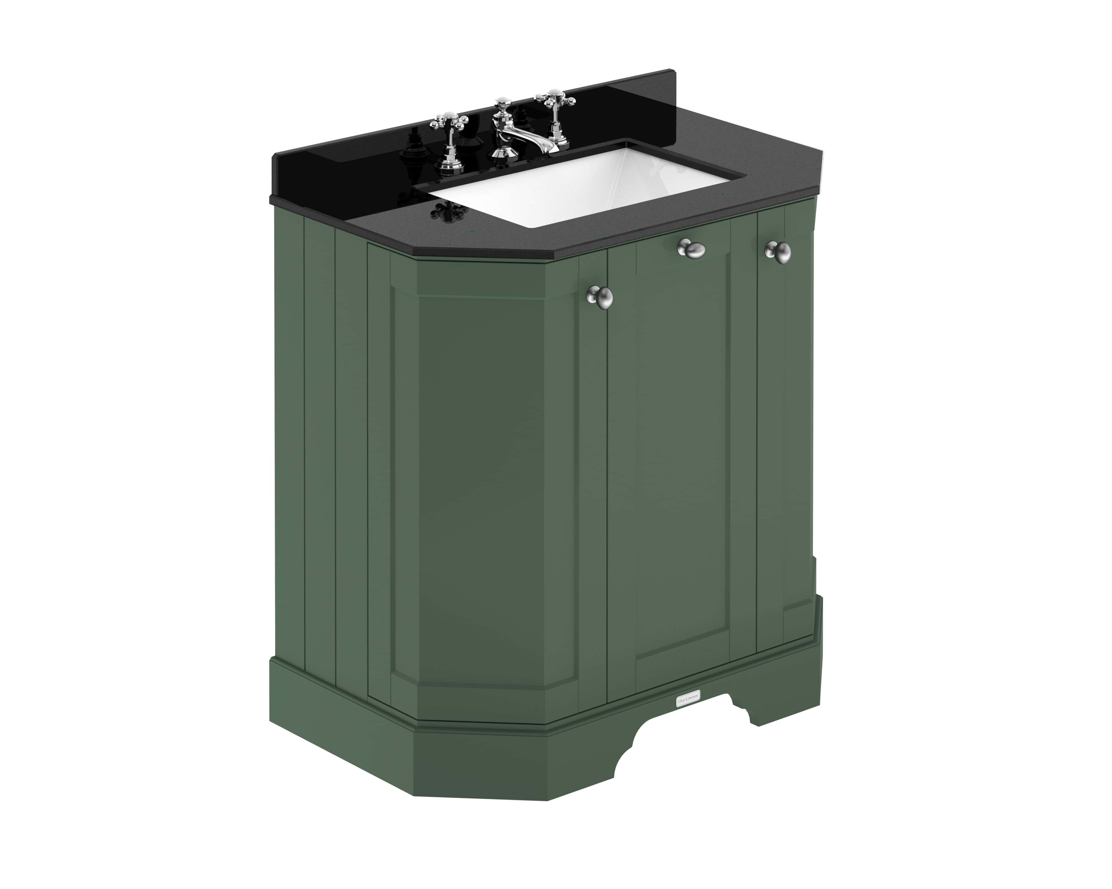 Stylish green bathroom sink vanity with black countertop and chrome fixtures, perfect for modern bathroom remodels. Durable cabinetry and elegant design enhance bathroom aesthetic.