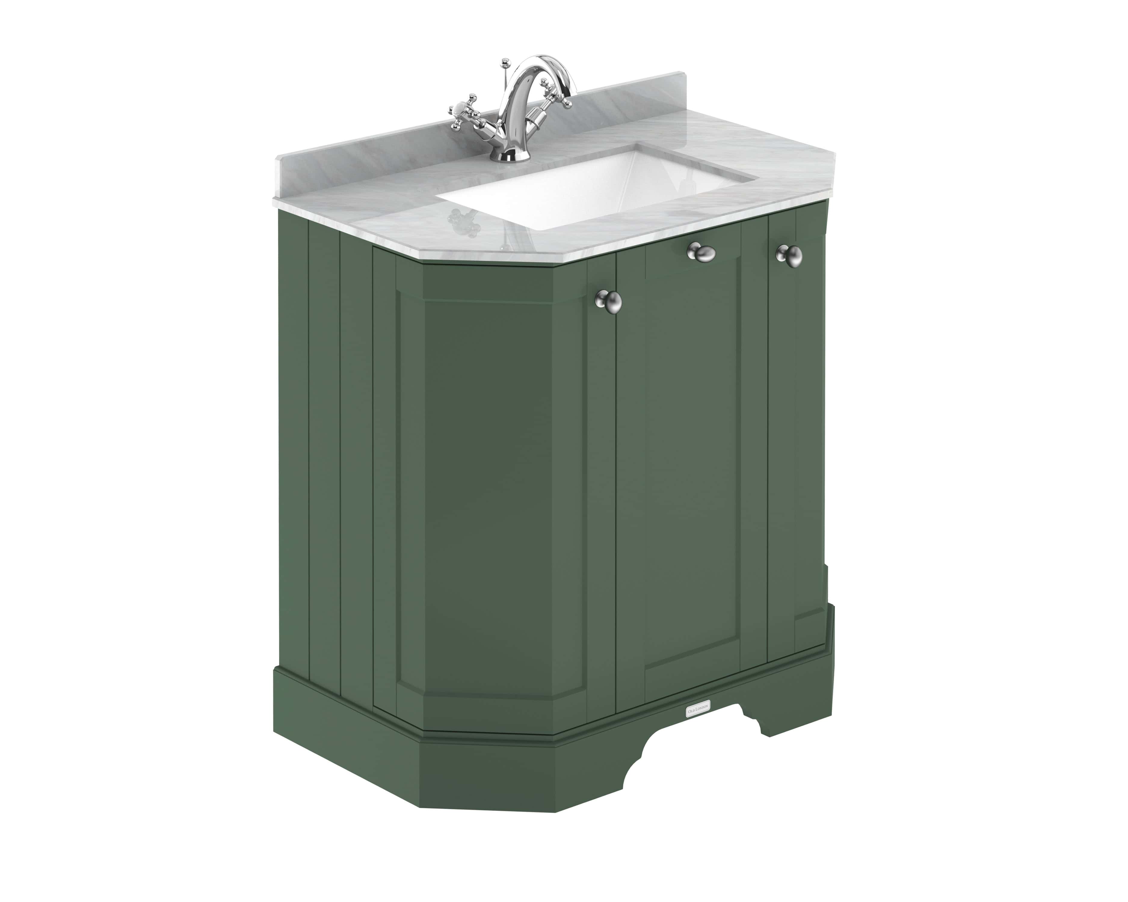 Polished green bathroom vanity with marble countertop and chrome faucet, ideal for modern bathroom decor.