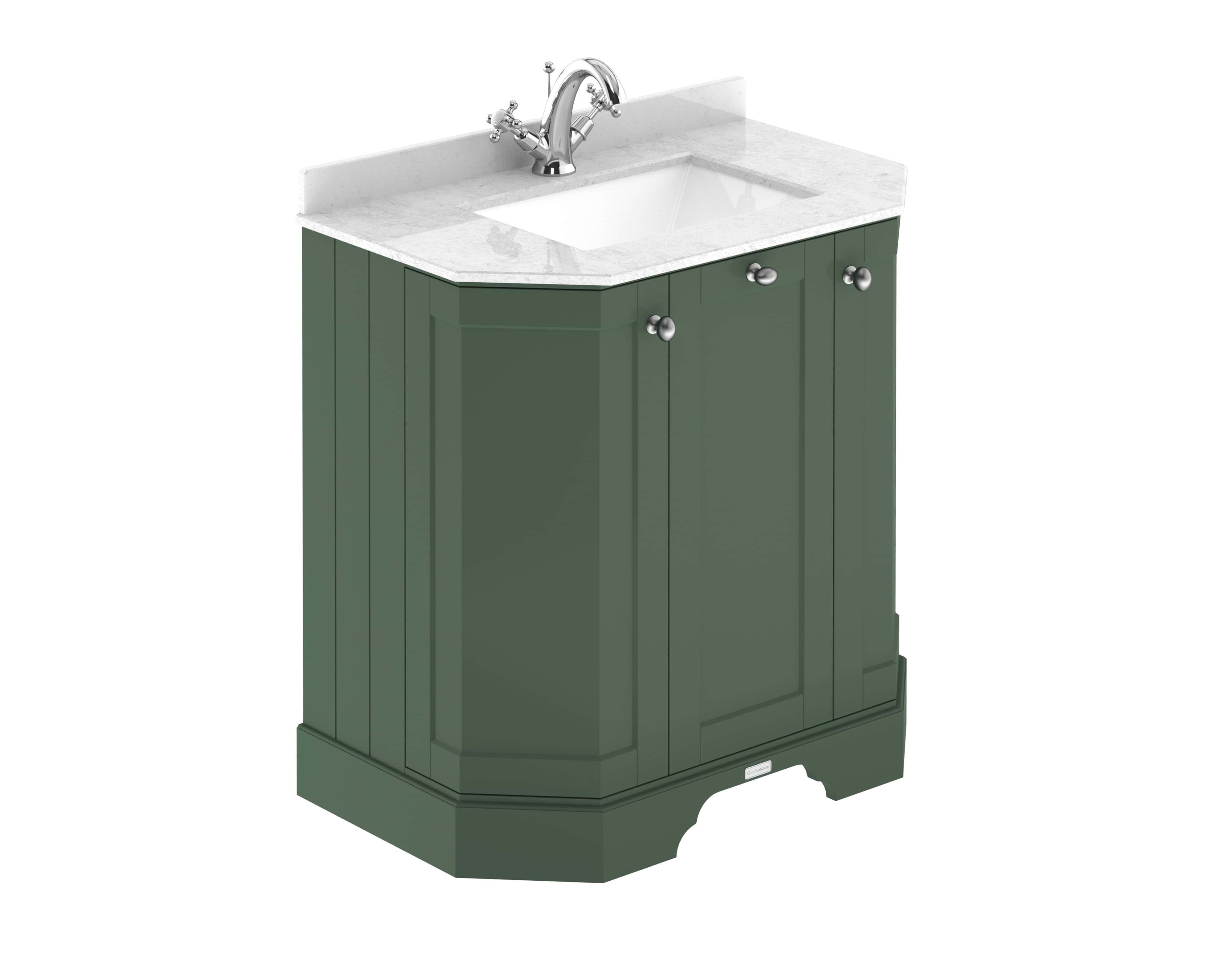 Elegant green bathroom vanity with marble countertop and chrome fixtures, perfect for stylish bathroom upgrades. Suitable for modern and classic bathroom designs.