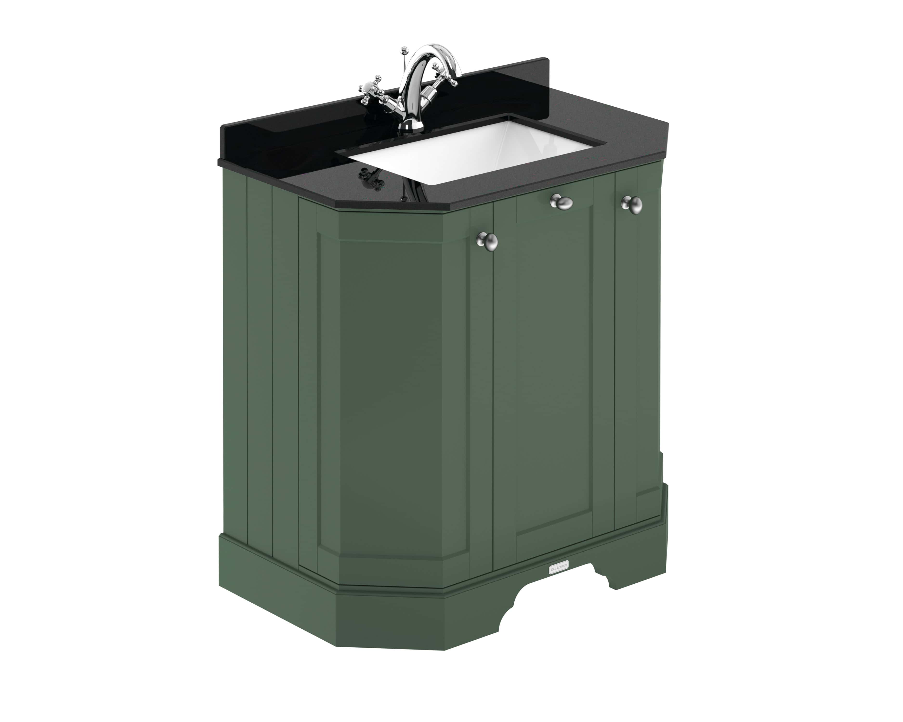 Modern green bathroom vanity unit with black countertop and chrome fixtures, ideal for stylish and functional bathroom renovation.