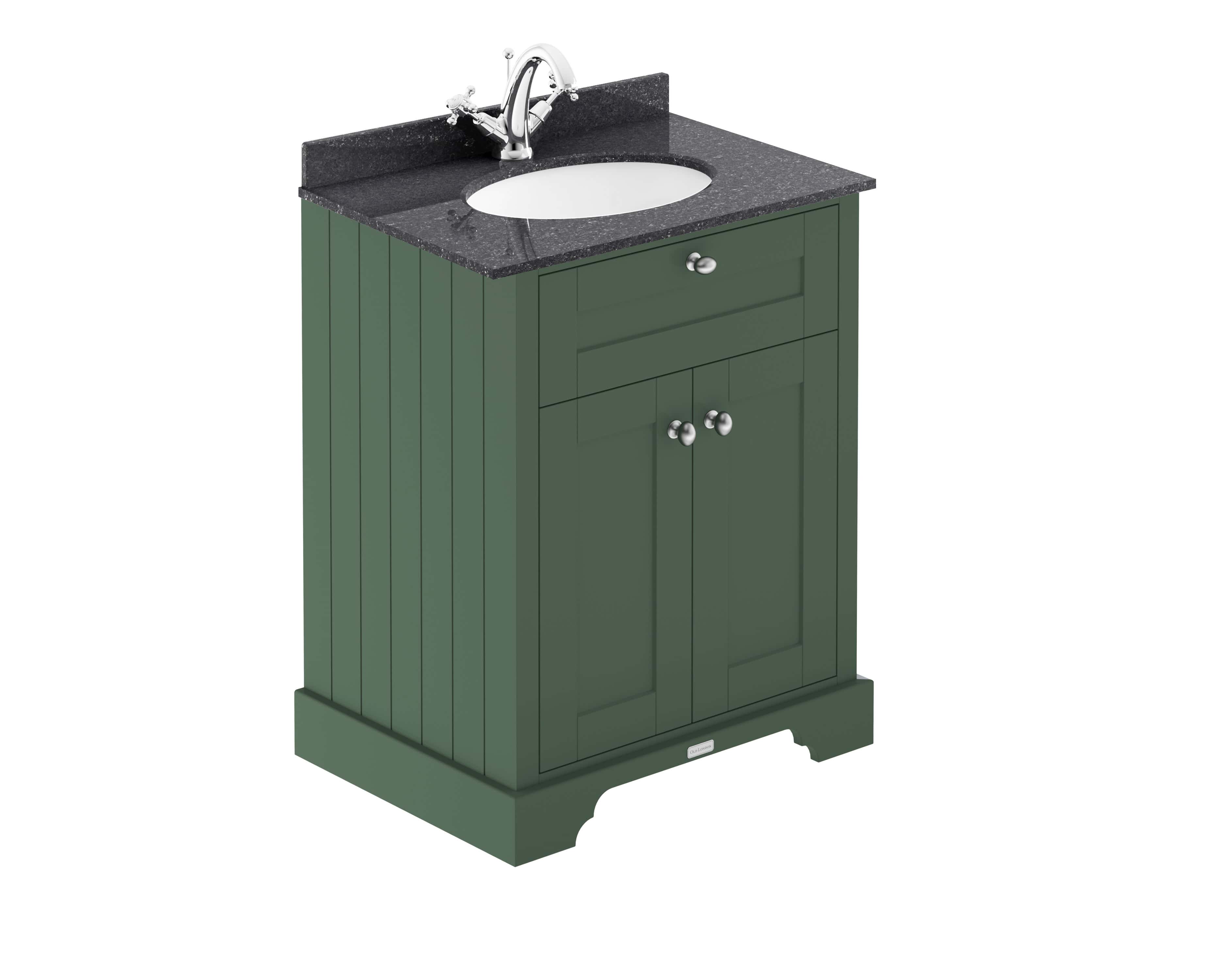 Polished bathroom vanity with dark granite countertop, oval sink, chrome fixtures, and green wooden cabinet, ideal for bathroom design and renovation projects.