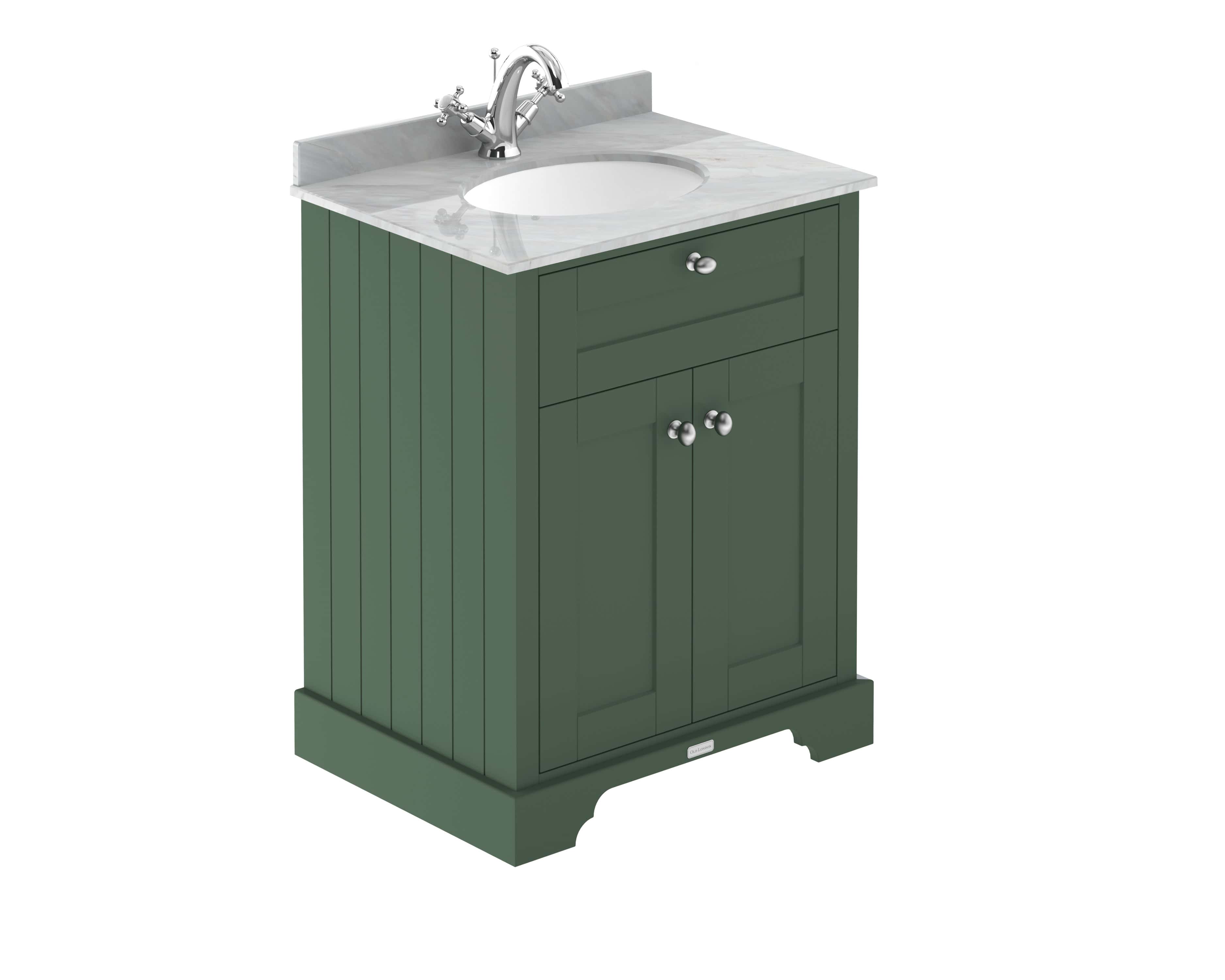Polished green bathroom vanity with marble countertop and integrated sink, ideal for modern bathroom cosmetic storage and plumbing elegance.