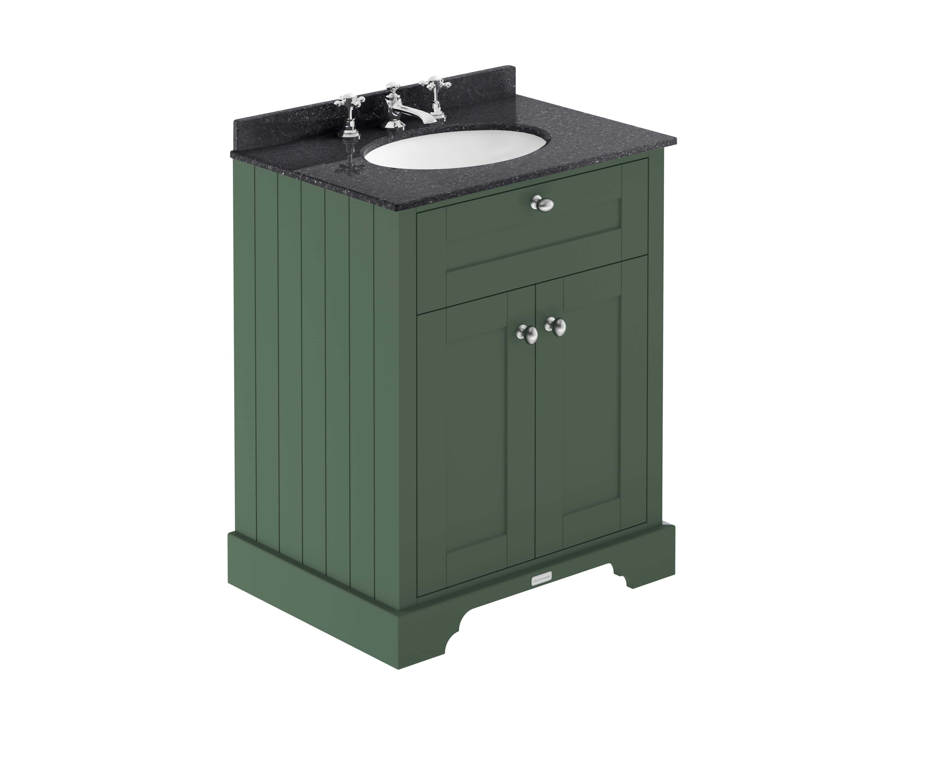 Elegant green bathroom vanity with black granite countertop and white sink, featuring classic silver hardware for a stylish and functional bathroom upgrade.