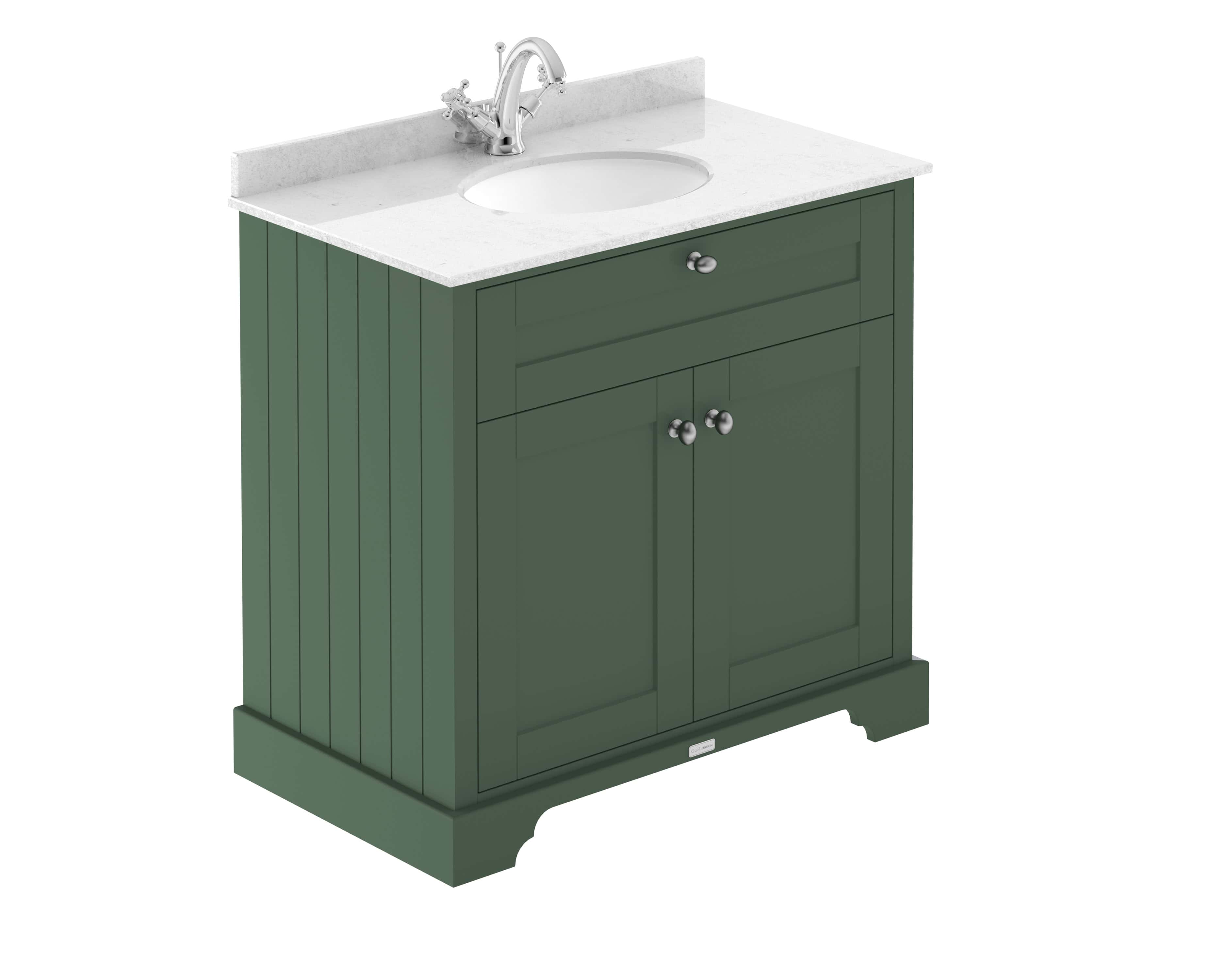 Chrome green bathroom vanity unit with white marble top and integrated sink, featuring classic beadboard design and silver hardware, ideal for contemporary bathroom renovations.