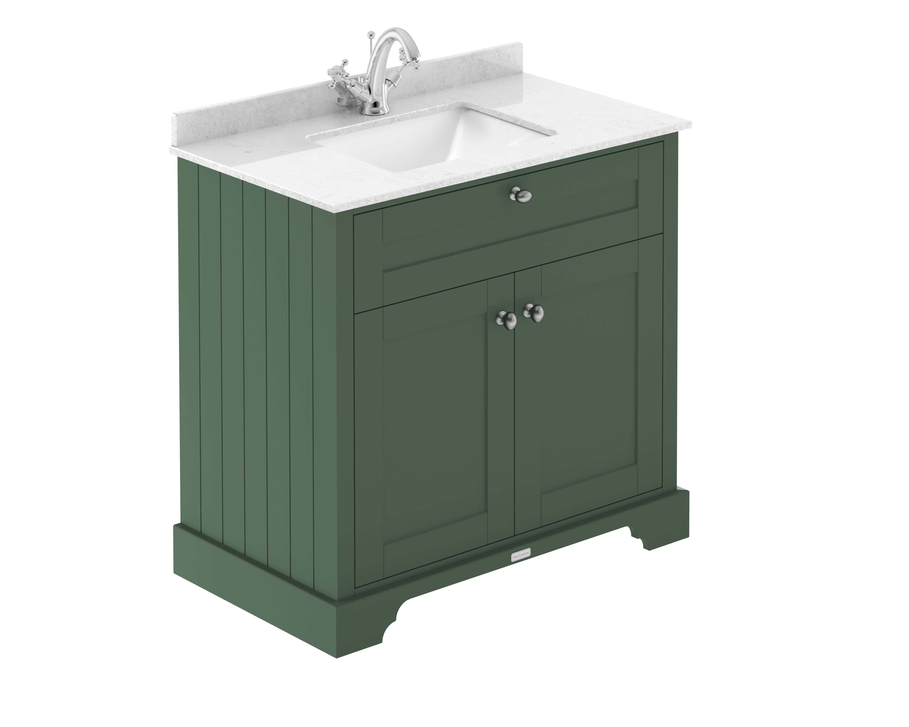 Modern bathroom vanity unit with green finish and white marble top, featuring a built-in sink and storage space for bathroom essentials. Perfect for stylish bathroom upgrades.