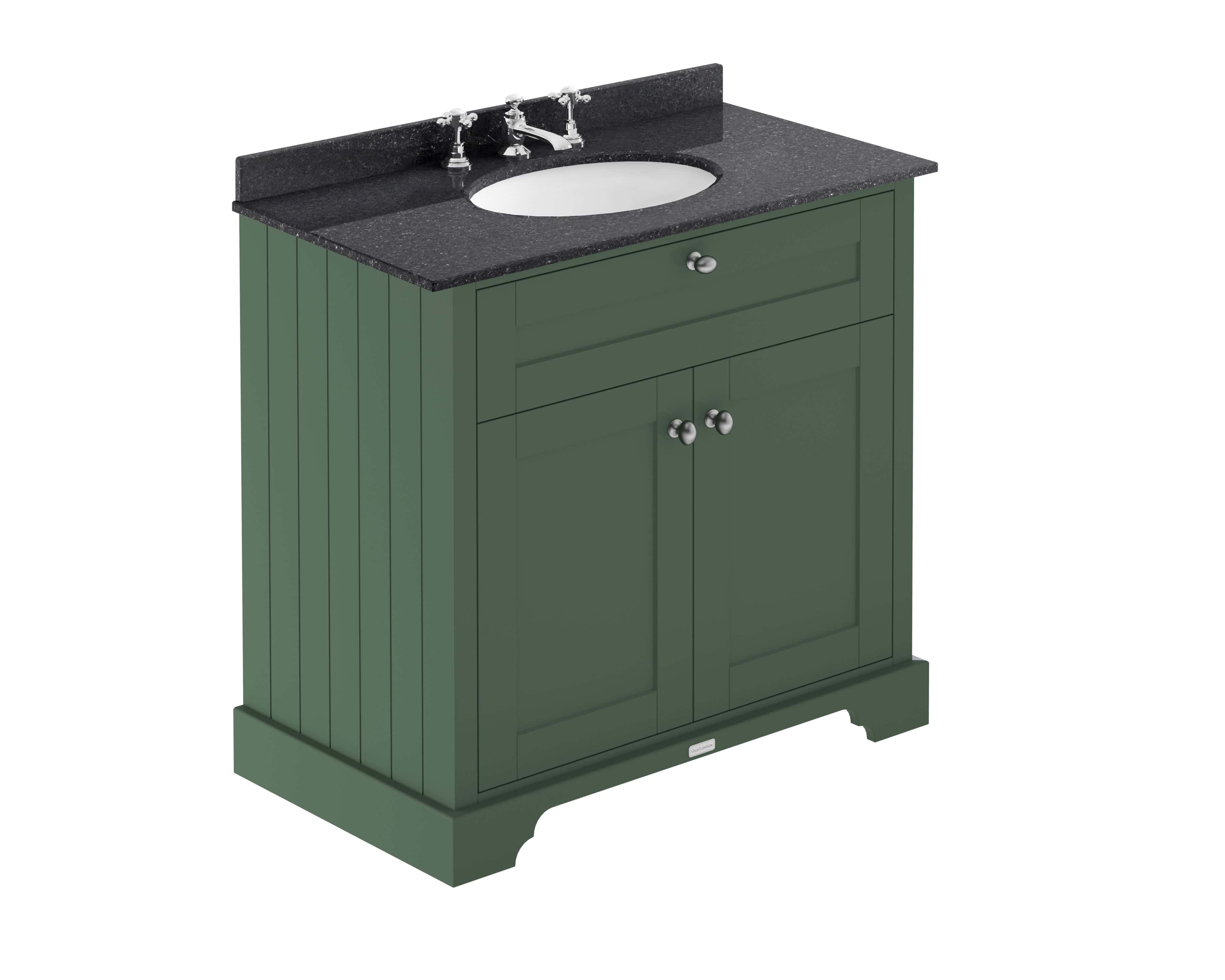 Handcrafted green bathroom vanity with black marble countertop and integrated sink, perfect for traditional or rustic bathroom décor. Durable and stylish storage solution from Bubly Bathrooms.