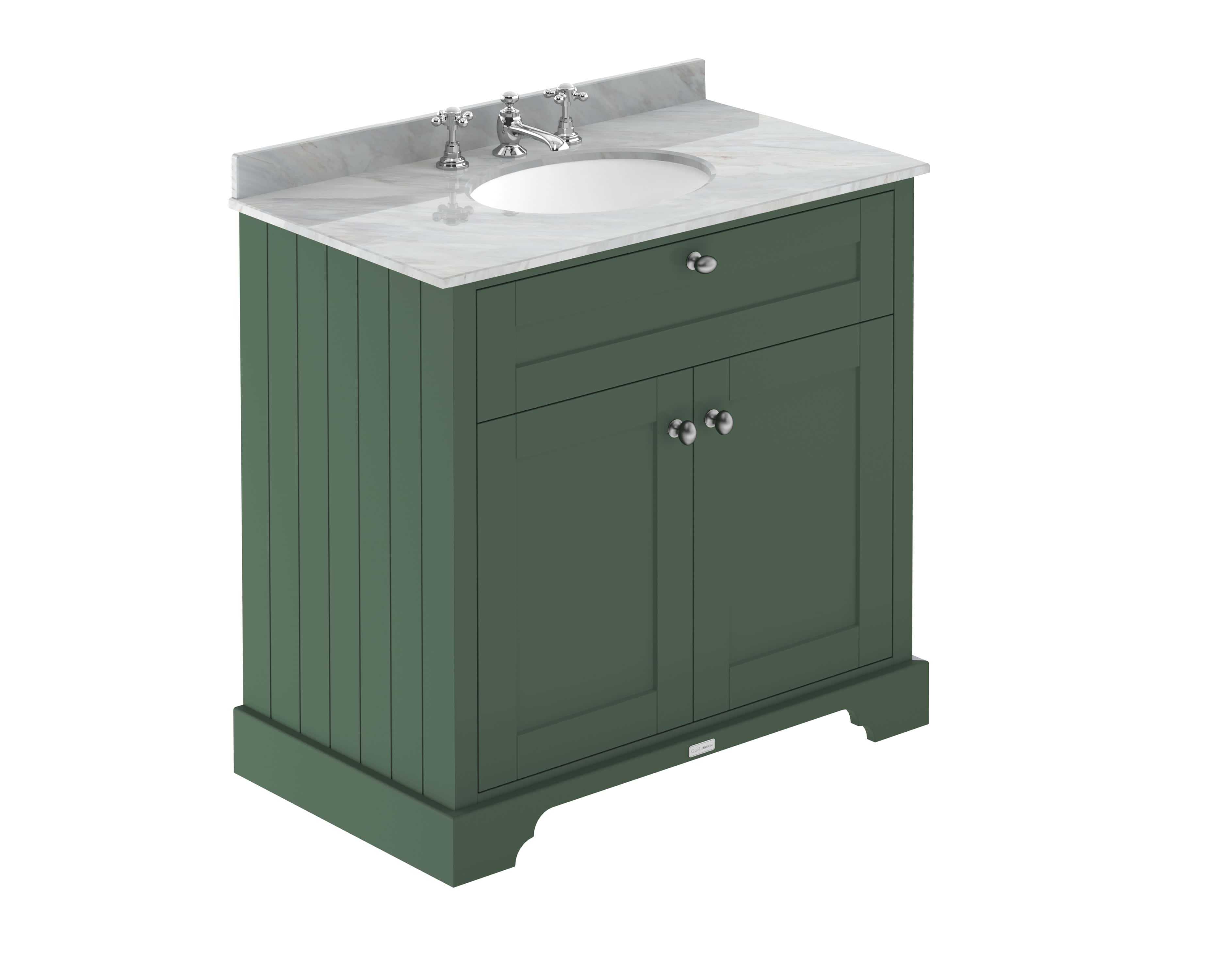 Polished green bathroom vanity with marble countertop and undermount sink, featuring classic chrome fixtures and storage cupboards, ideal for traditional and modern bathroom designs.