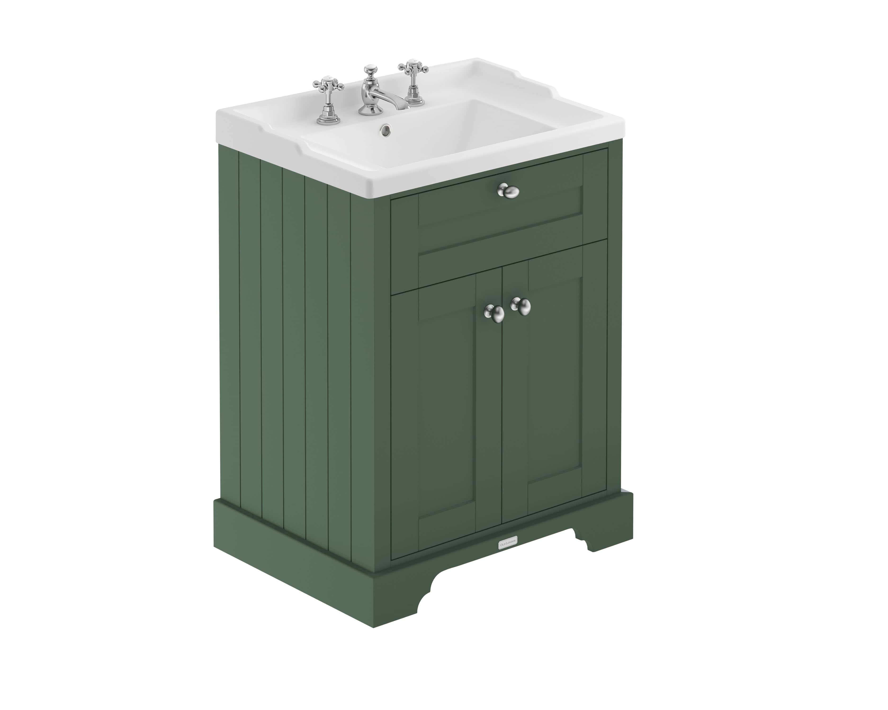 Vintage bathroom vanity unit with sink and chrome tap, perfect for classic or traditional bathroom designs. Solid green cabinet with storage space for bathroom essentials.