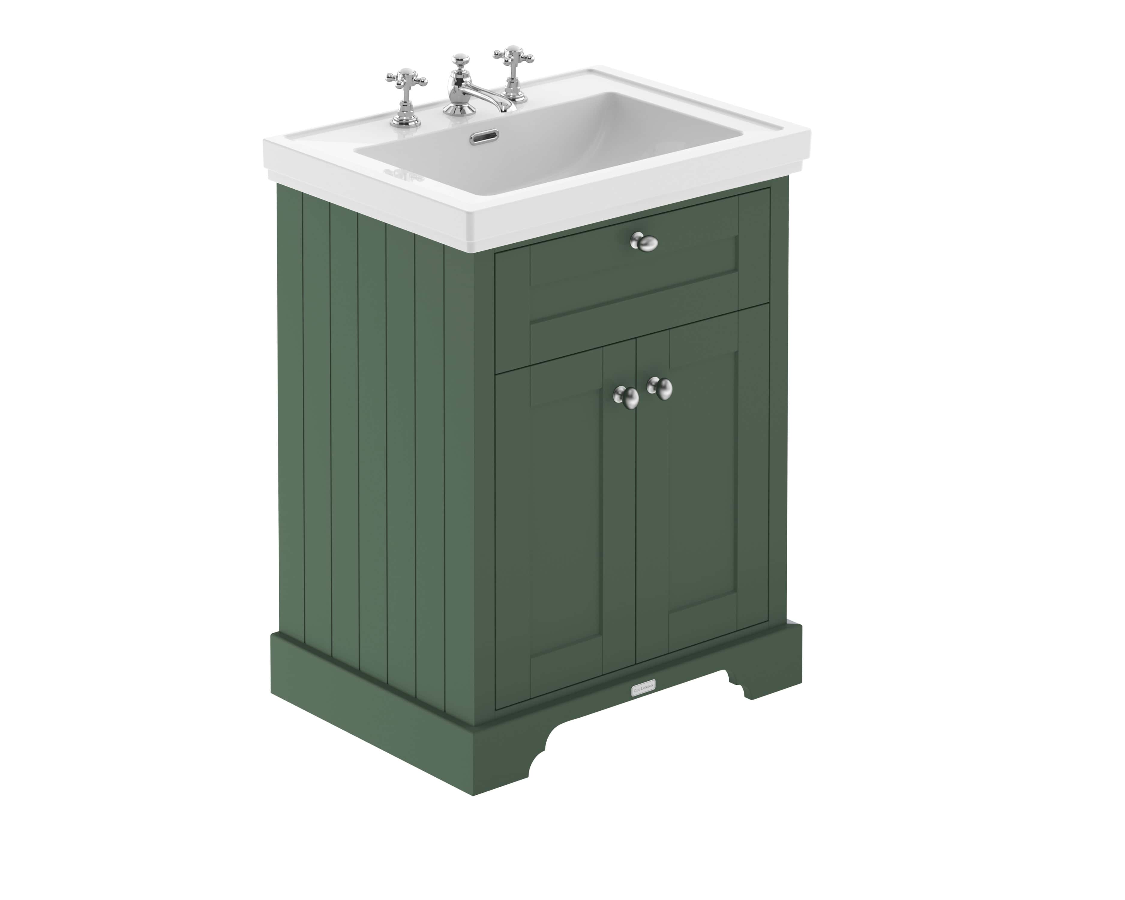 Antique green wooden bathroom vanity with classic ceramic sink and chrome taps, perfect for traditional bathroom decor, offering style and functional storage.