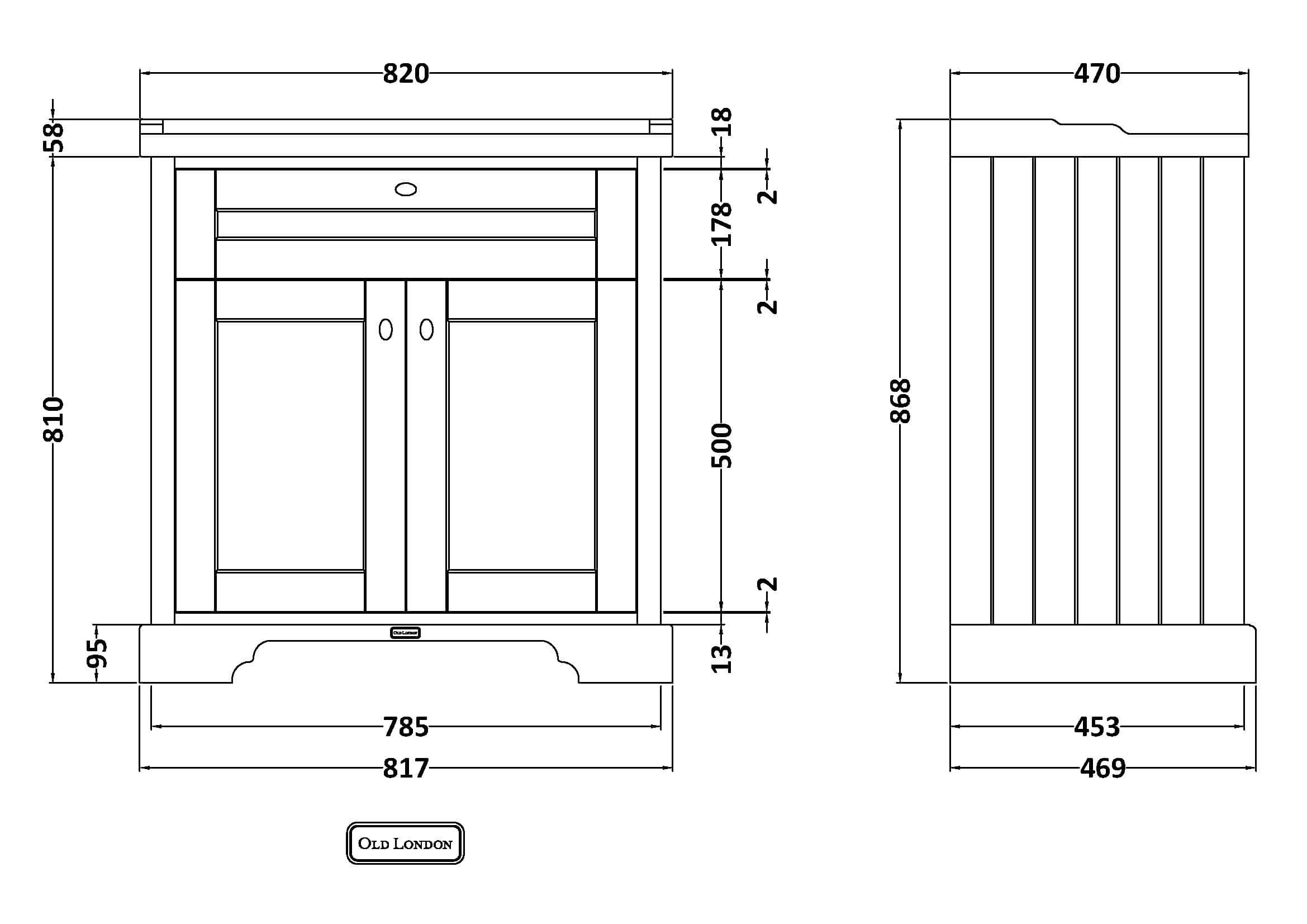 Elegant wooden bathroom vanity cabinet with detailed technical drawing, ideal for custom bathroom refurbishment and stylish storage solutions.