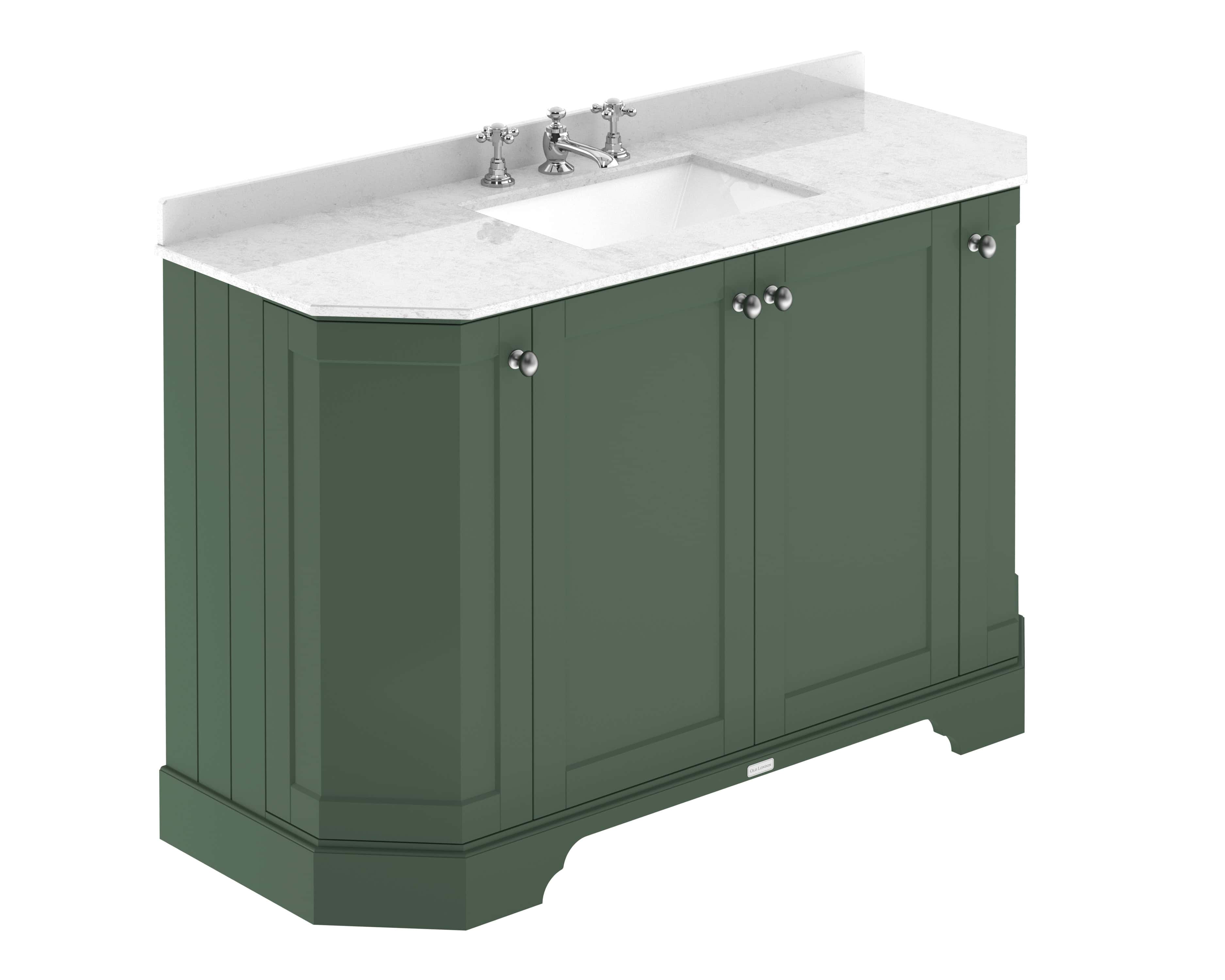 Shower vanity unit with green cabinetry and white marble top, featuring a built-in sink and chrome taps, ideal for modern bathroom decor.