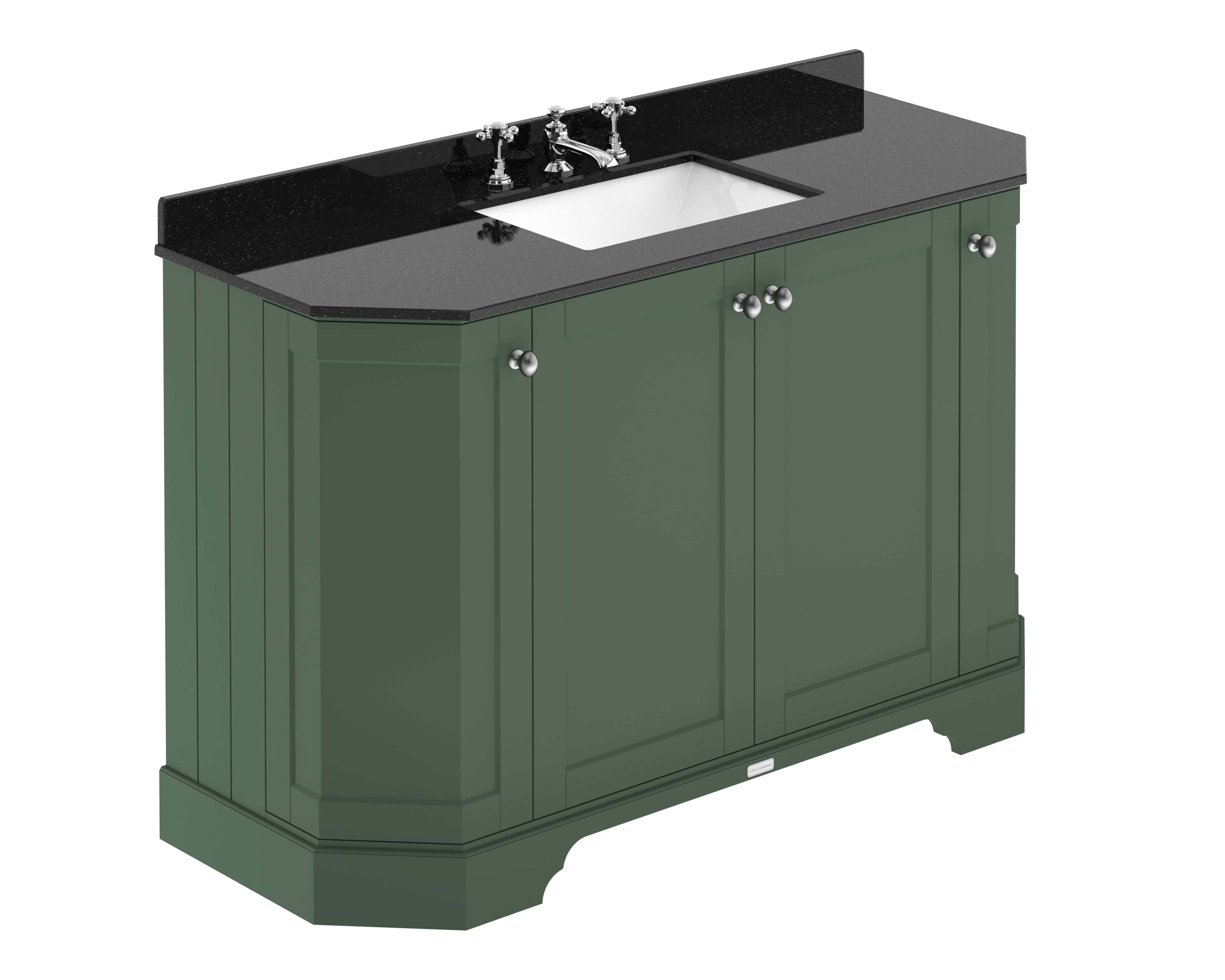 Shaker style bathroom vanity with black granite countertop and white undermount sink, featuring traditional silver hardware and a pine finish, ideal for classic bathroom designs.