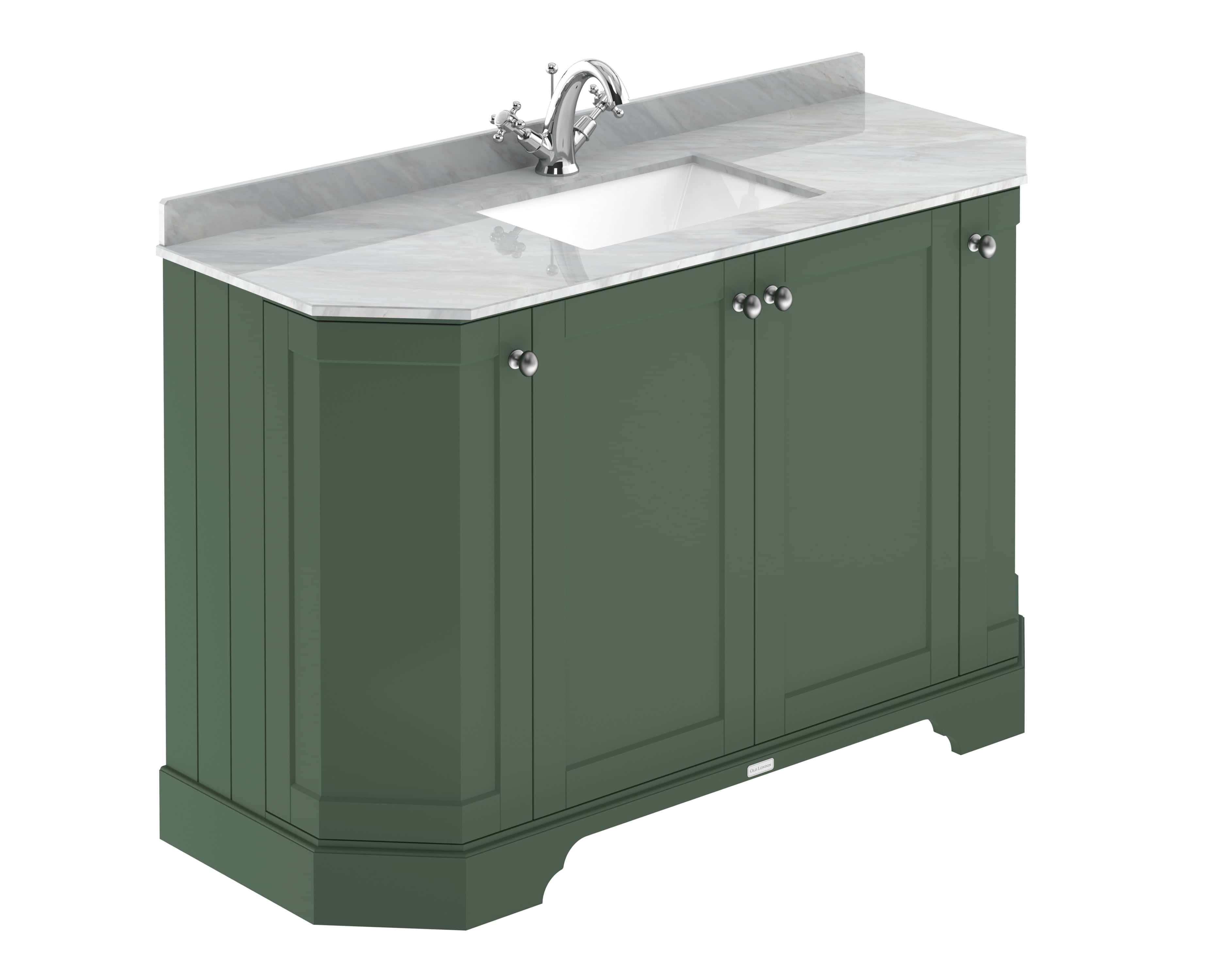 Luxurious green bathroom vanity with marble countertop and integrated sink, perfect for stylish bathroom upgrades. Features classic cabinetry and chrome fixtures, combining modern elegance with functional design.