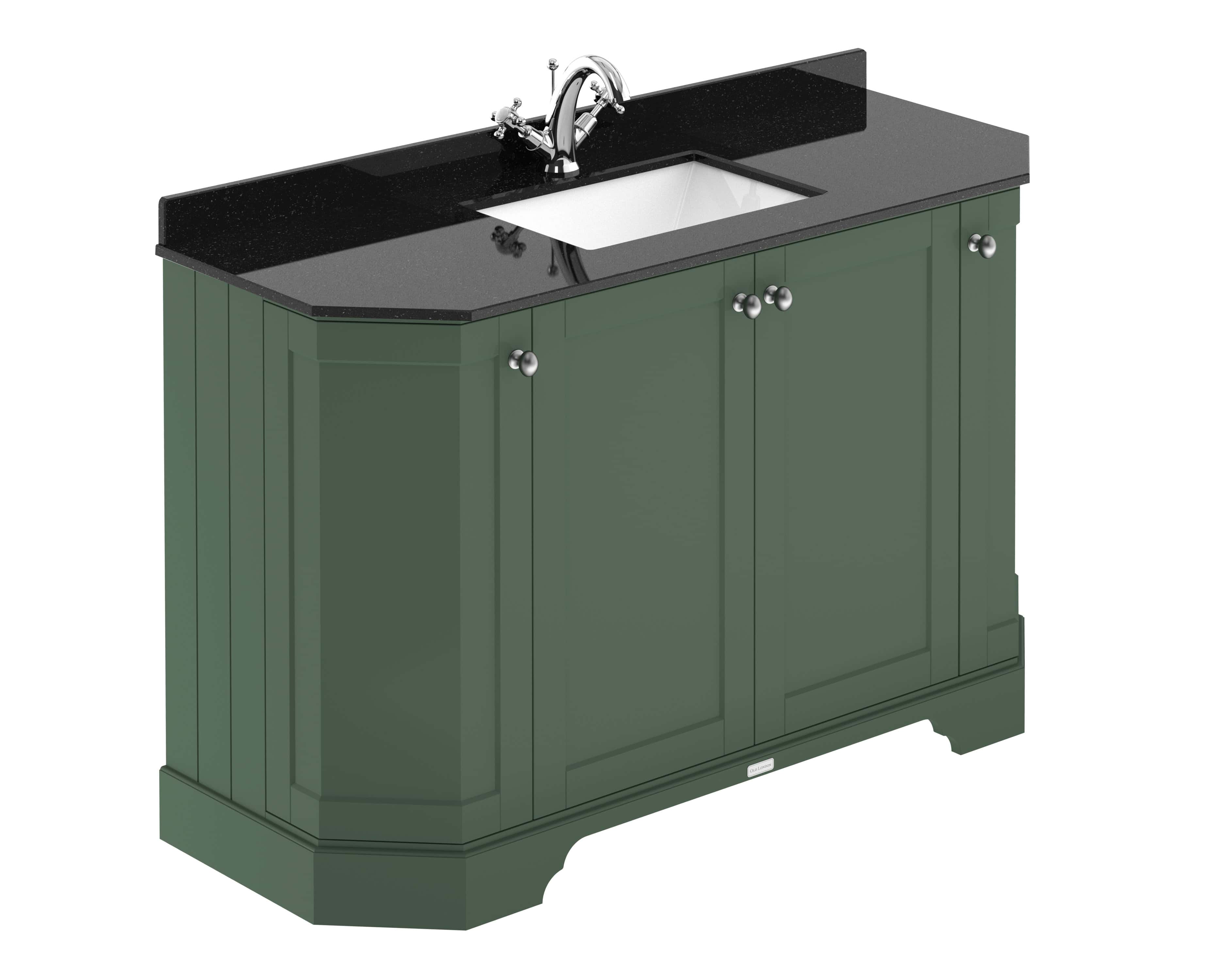 Sleek green bathroom vanity with black granite countertop and integrated sink, featuring chrome fixtures and cabinet storage, perfect for modern bubly bathroom designs.