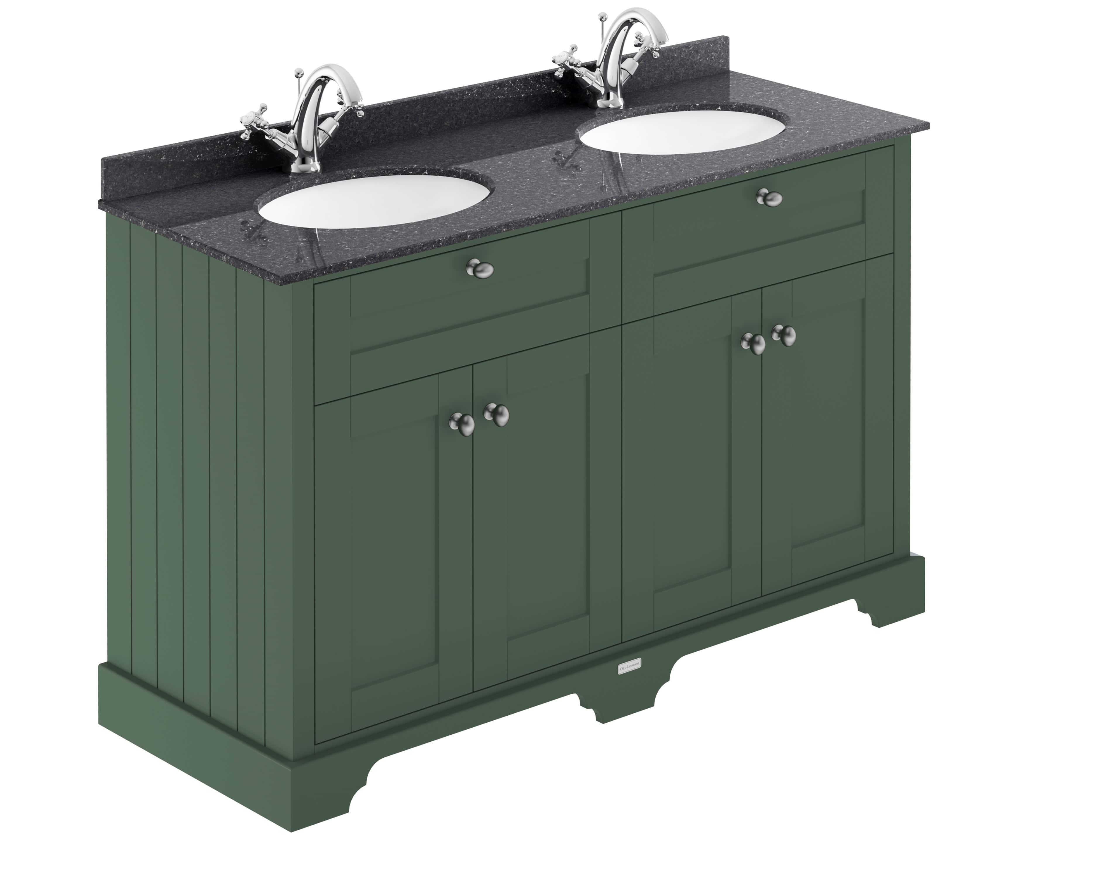 Polished green bathroom vanity with dual sinks and black granite countertop, modern bathroom furniture, ideal for contemporary bathroom remodels.
