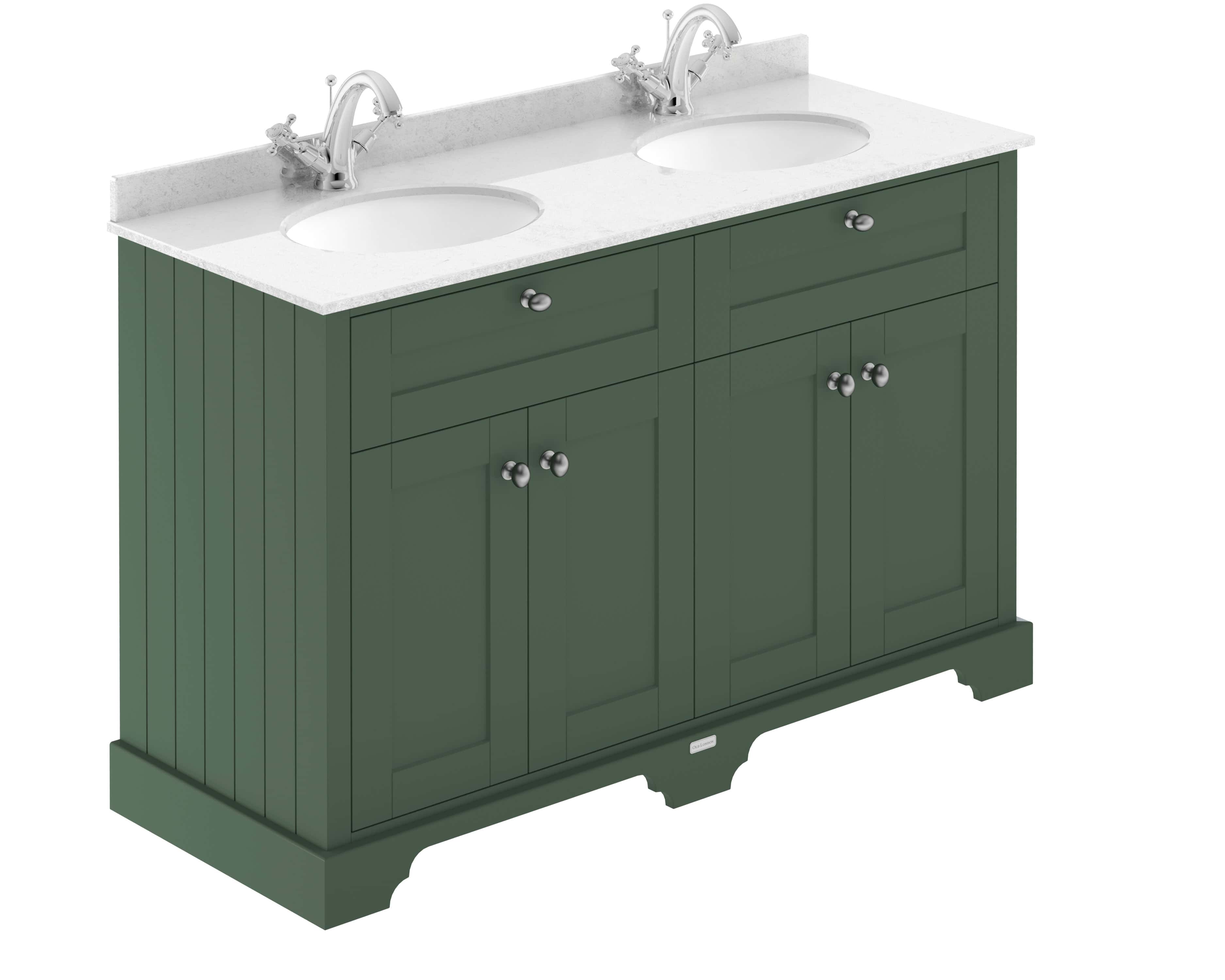 Double vanity bathroom unit with a white marble countertop and two ceramic sinks, finished in dark green cabinetry with silver knobs, designed for modern bathroom conversions and renovation projects.
