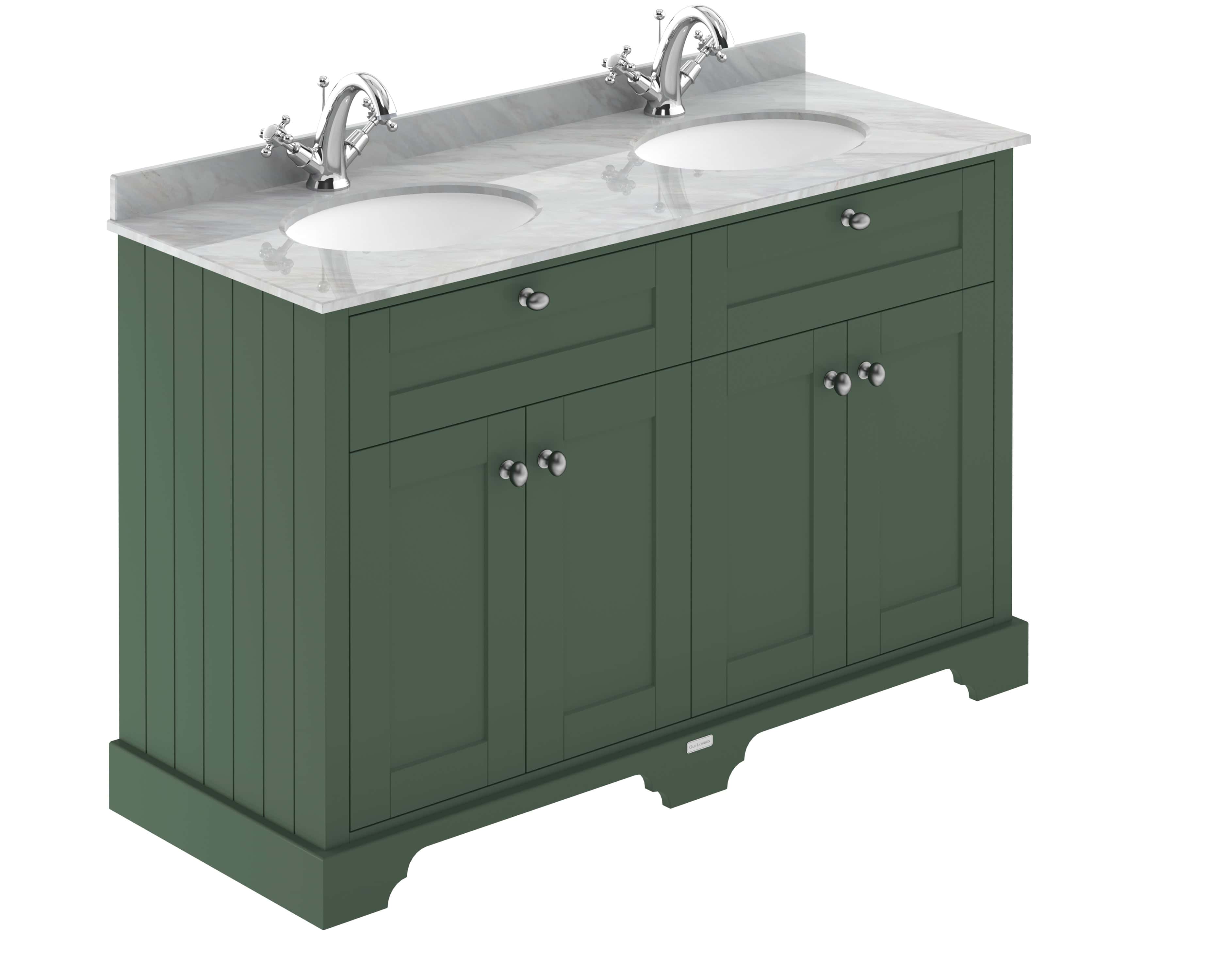 Elegant green bathroom vanity unit with a marble countertop, dual sinks, and chrome fixtures, perfect for stylish and functional bathroom design.