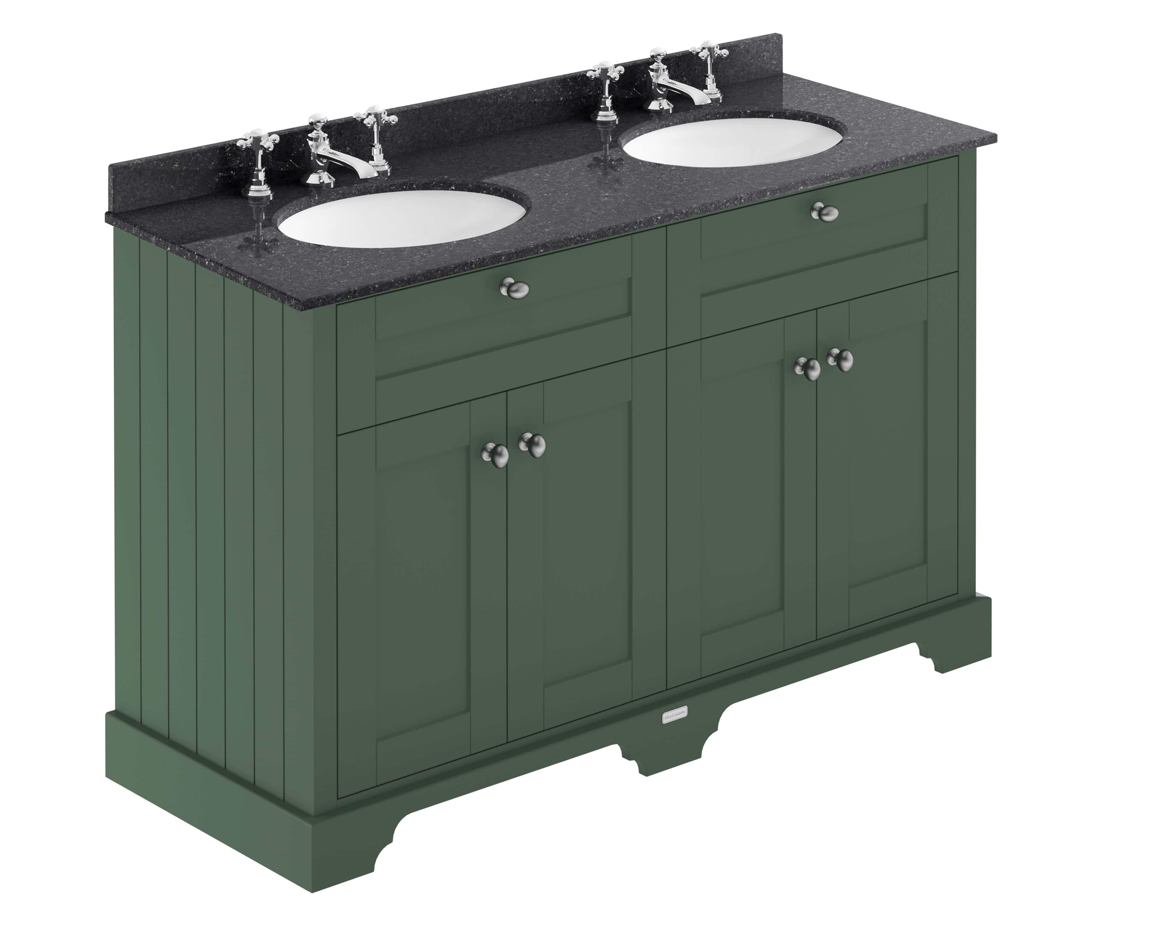Stylish green bathroom vanity unit with dual sinks and black granite countertop, perfect for modern Bubly bathrooms. Double basin and traditional style fittings create a classic yet contemporary look.
