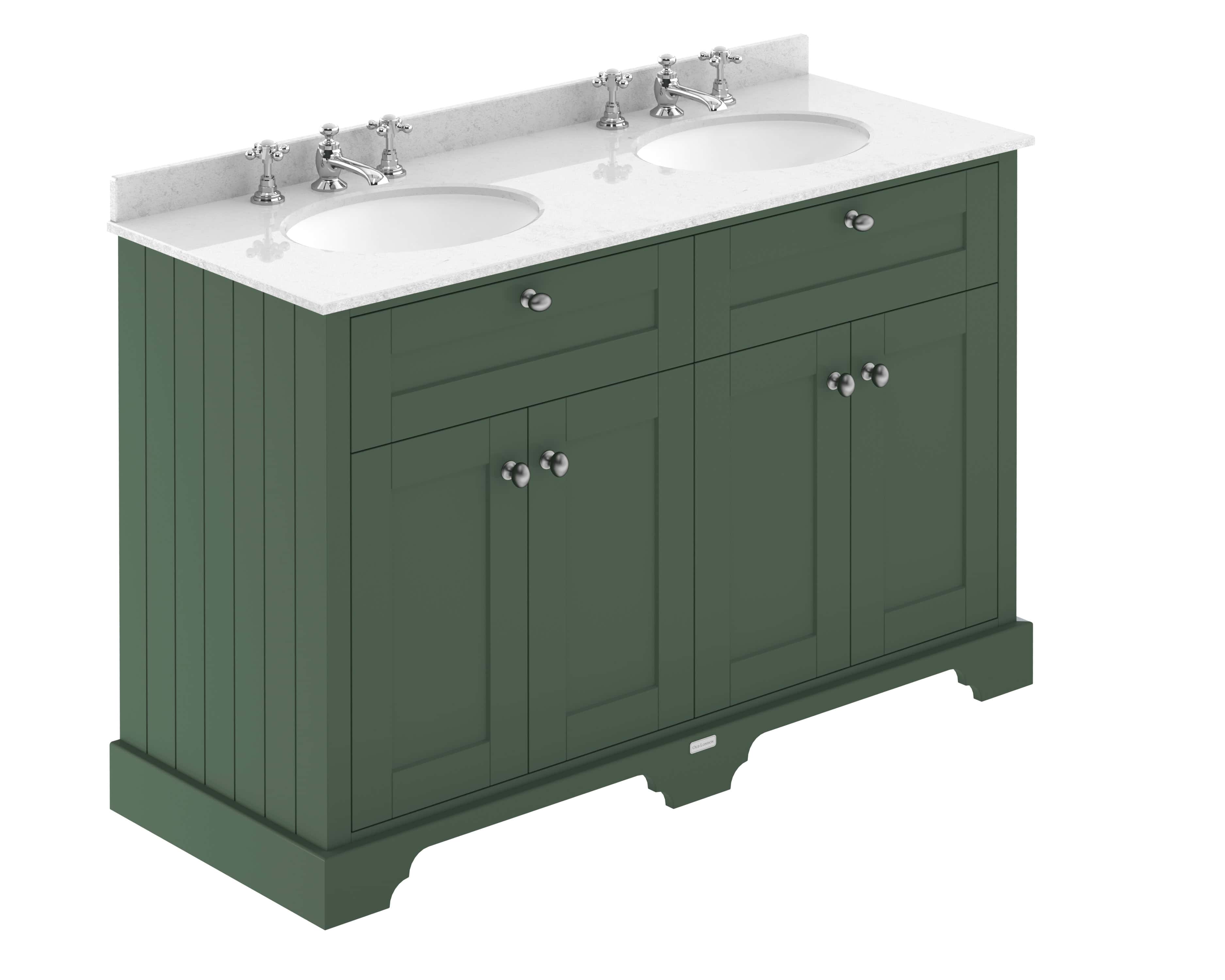 Elegant green bathroom vanity with double sinks and classic chrome fixtures, ideal for stylish and functional bathroom design. Perfect for modern or traditional homes.