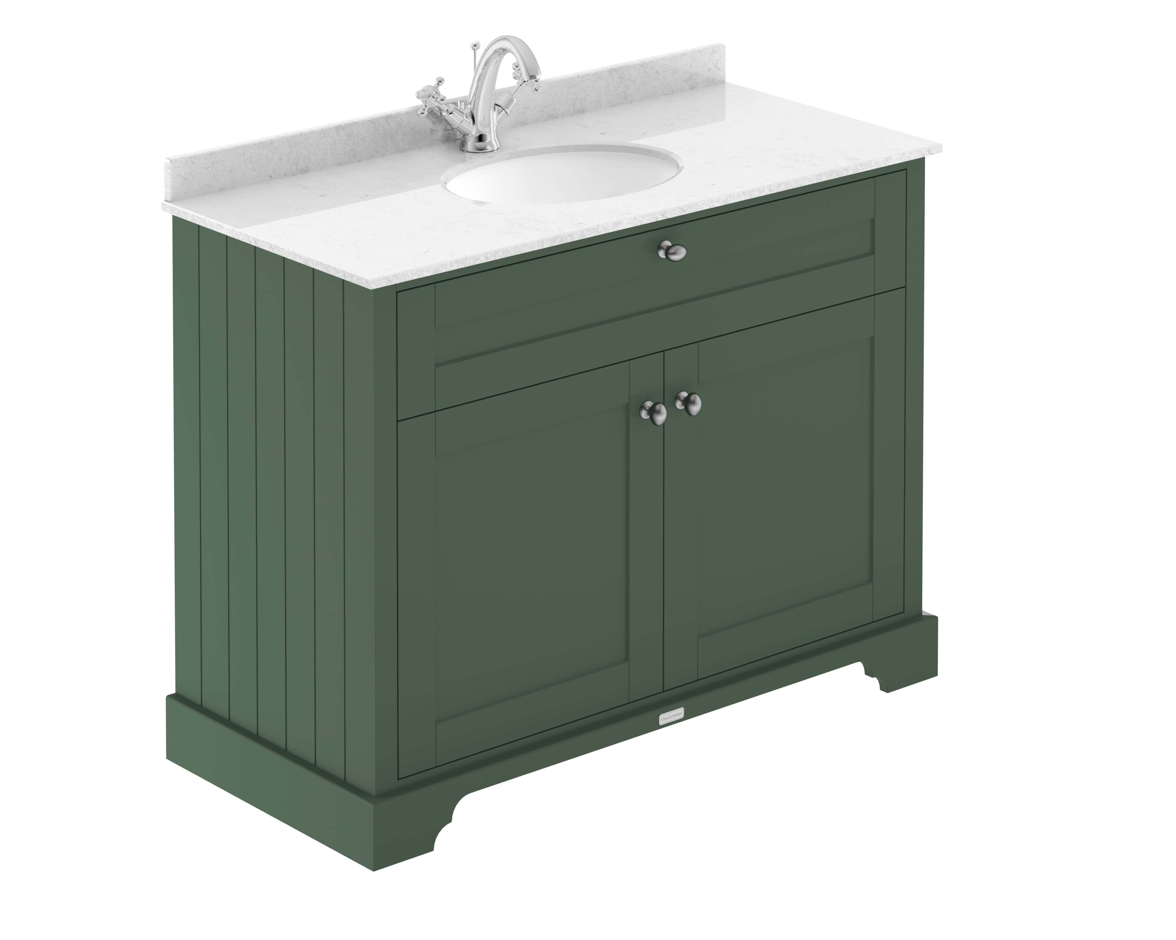 Polished green bathroom vanity unit with white marble countertop and integrated sink, perfect for elegant bathroom remodels and custom bathroom furniture.