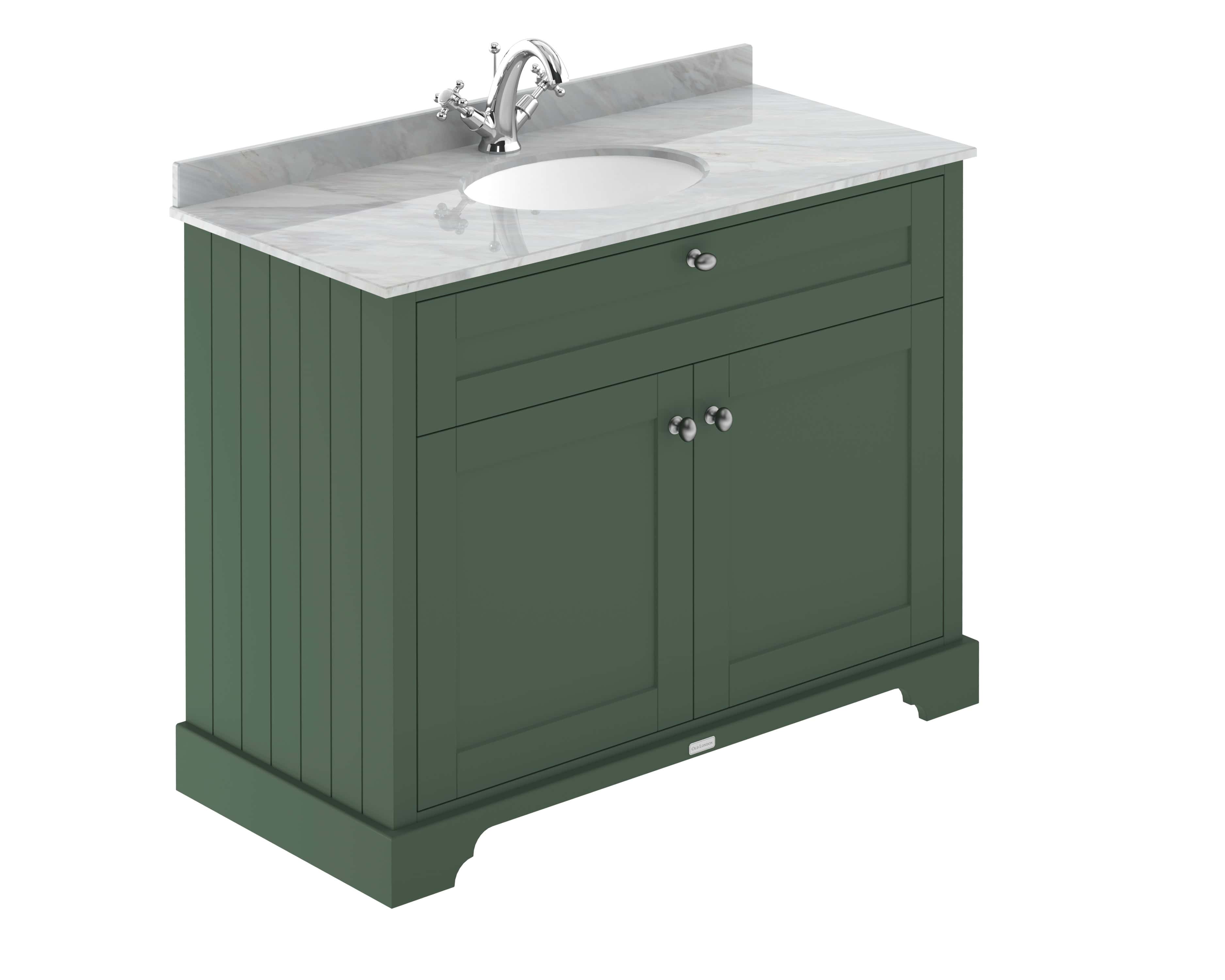 Luxurious green bathroom vanity unit with marble worktop, fitted with a ceramic sink and chrome tap, perfect for stylish and functional bathroom design.