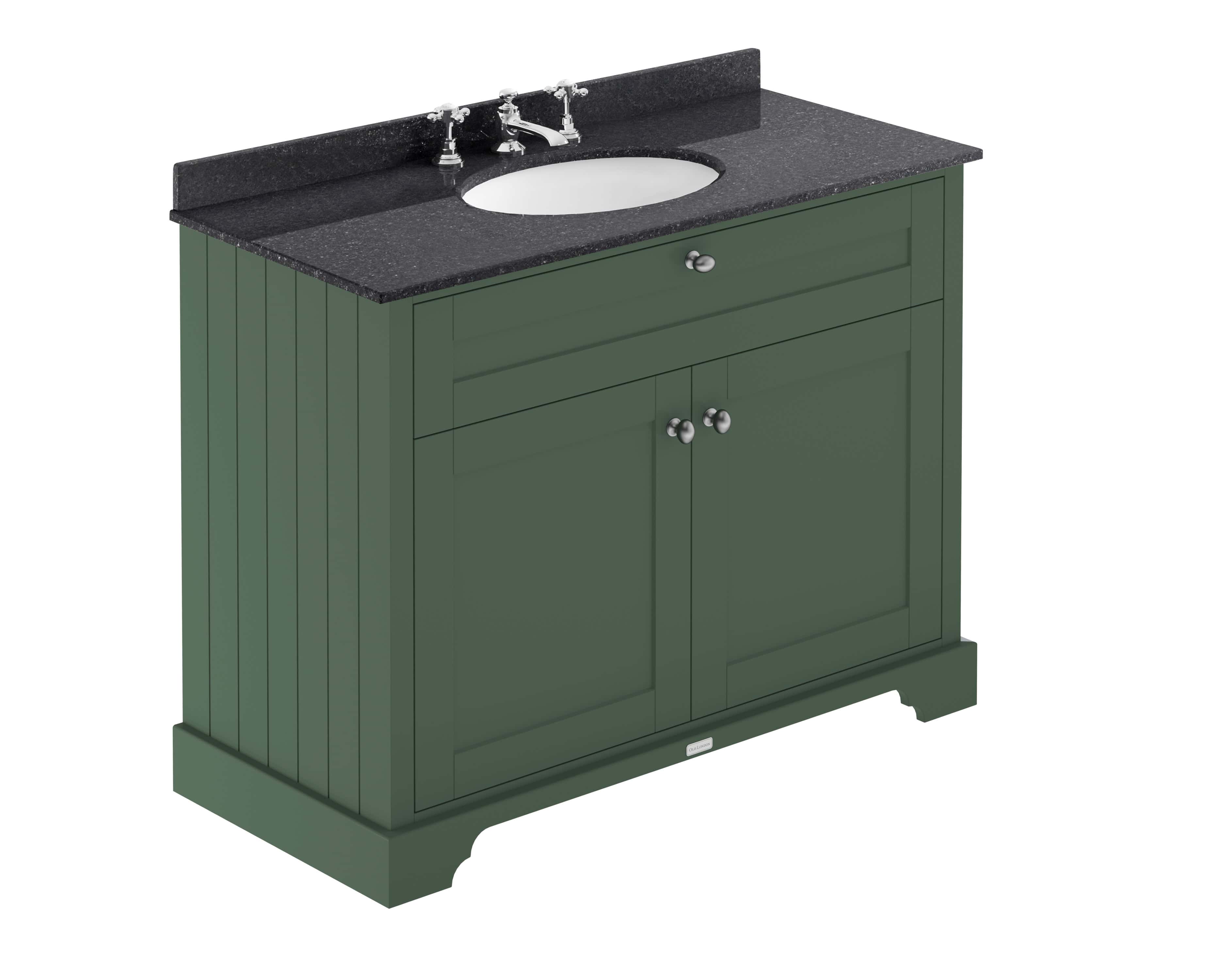 Contemporary green bathroom vanity with black granite countertop and integrated sink, featuring chrome fixtures and storage space for modern bathroom designs.