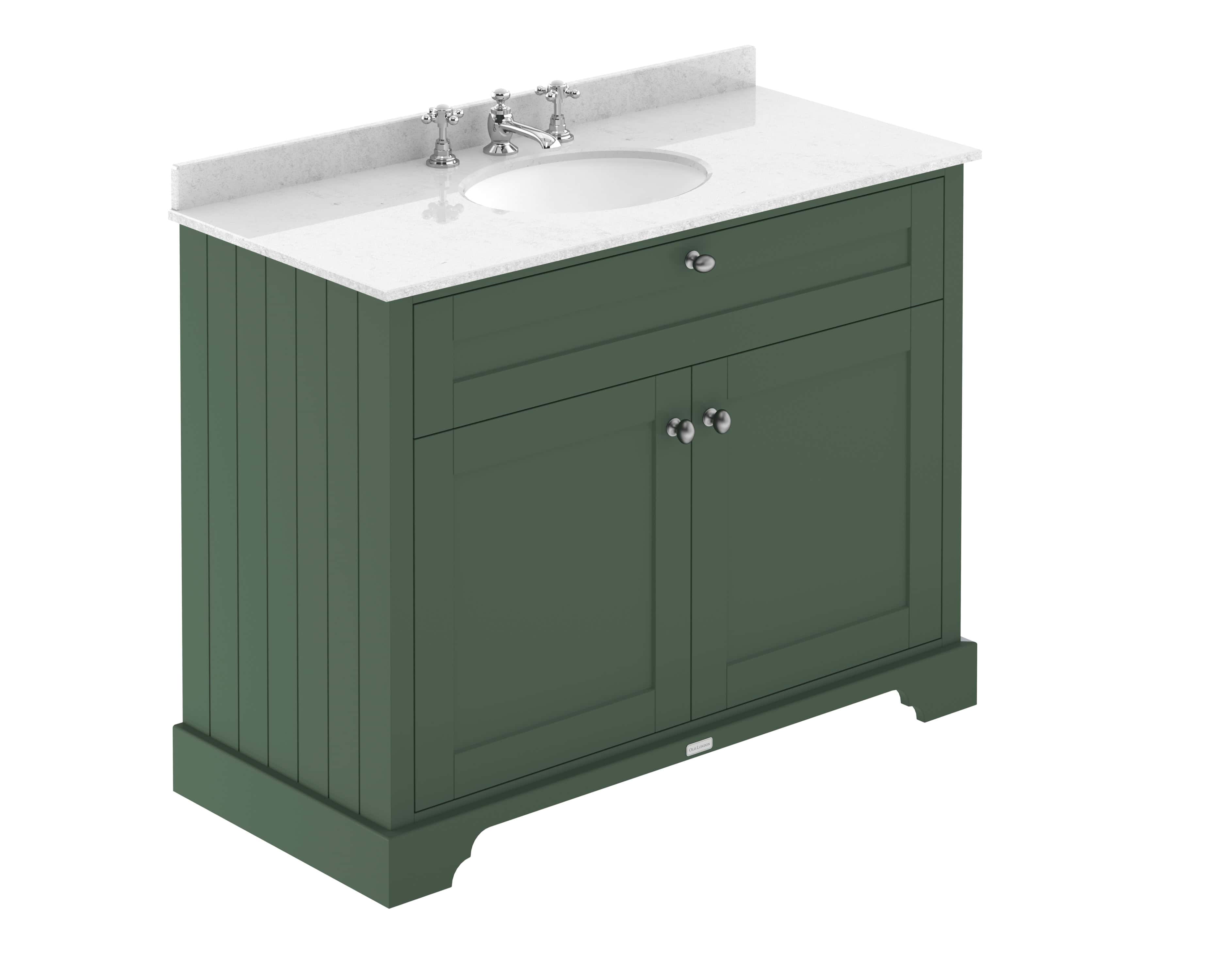 Vintage green bathroom vanity with a white marble countertop and chrome fixtures, perfect for classic bathroom renovation projects.