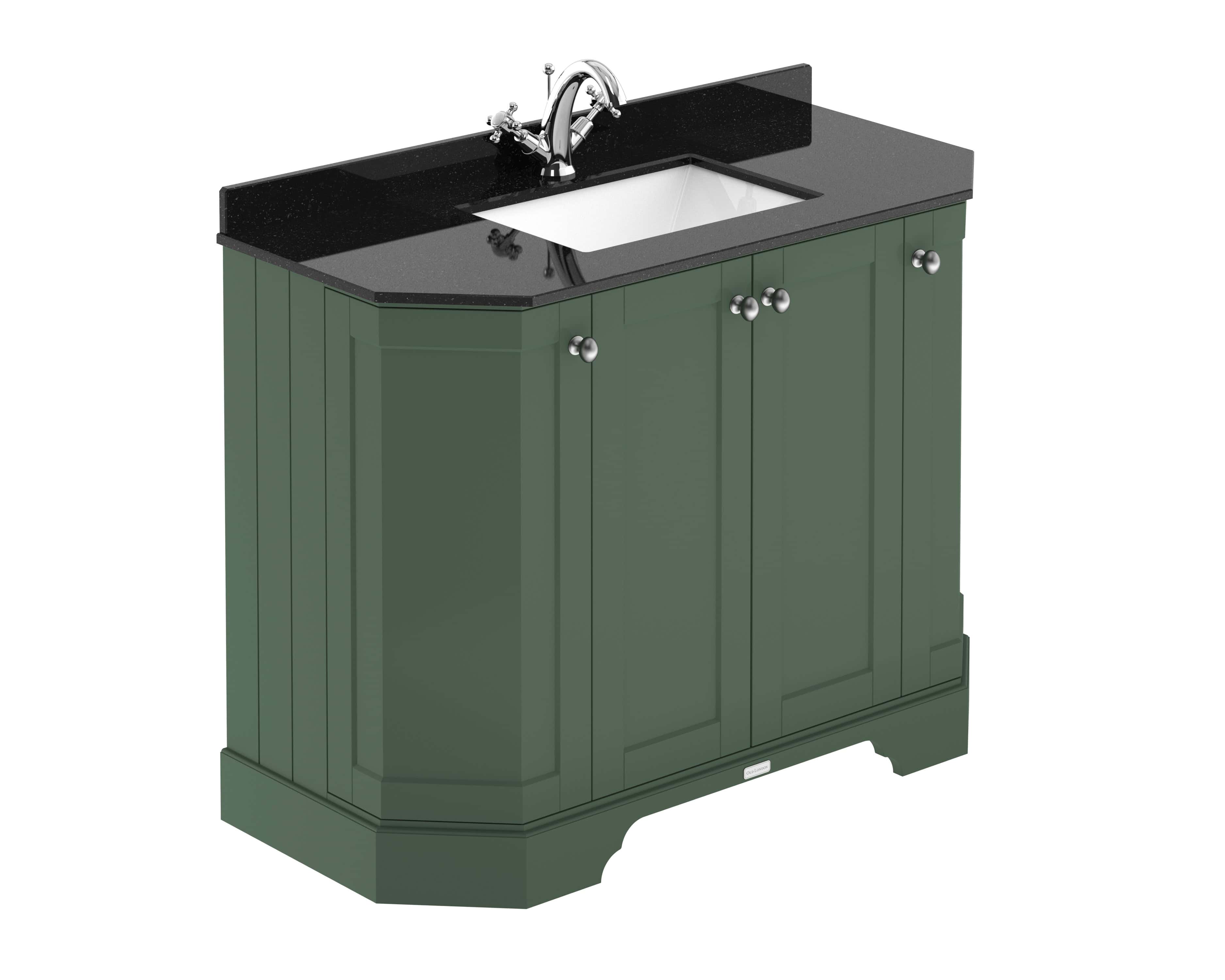 Shabby Chic Bathroom Vanity with Green Base and Black Granite Top featuring Built-in Sink and Chrome Faucet, ideal for modern bathroom renovation.