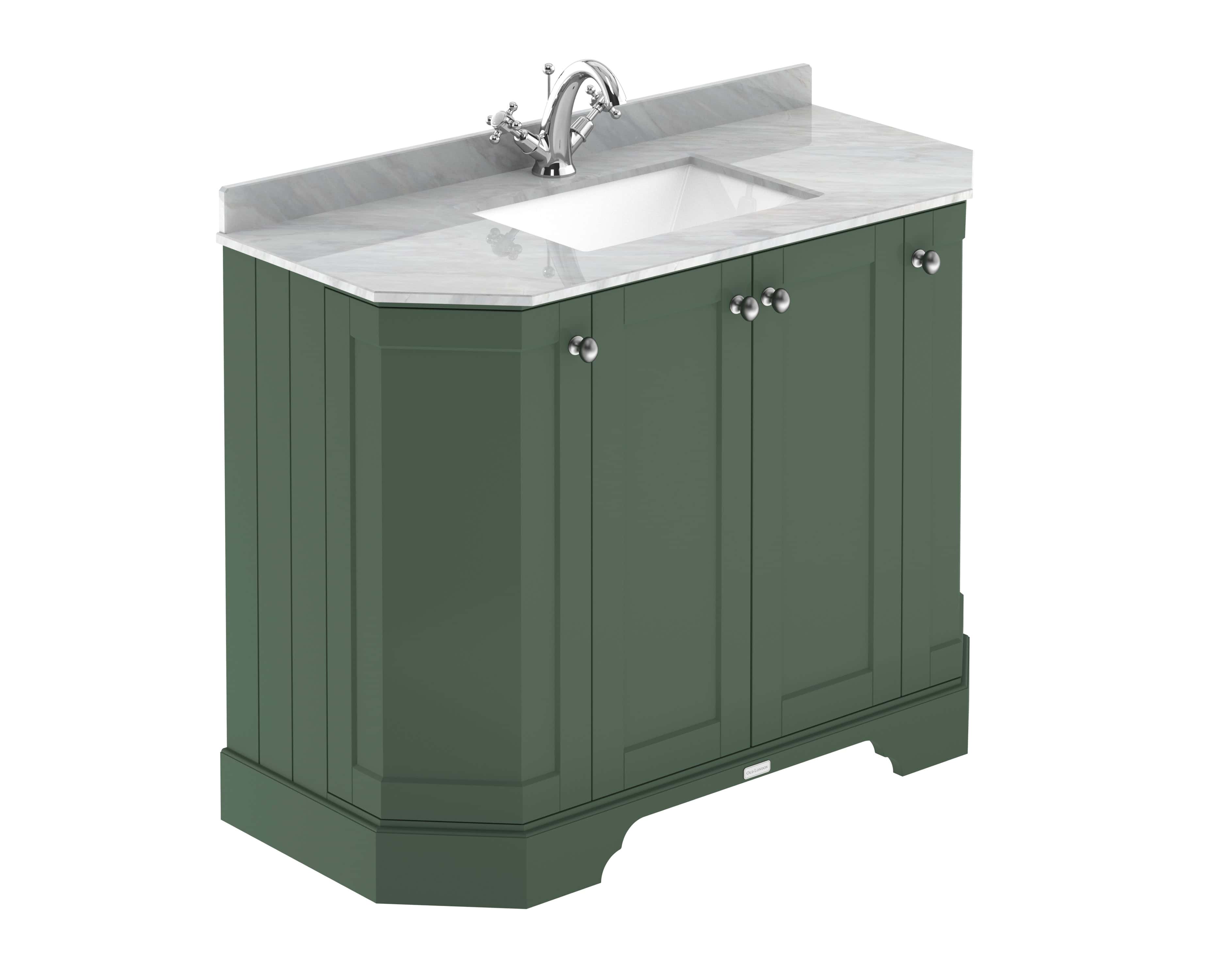 Shady green bathroom vanity with marble countertop, integrated sink, and chrome faucet, perfect for modern and classic bathroom renovation projects with stylish storage solutions.
