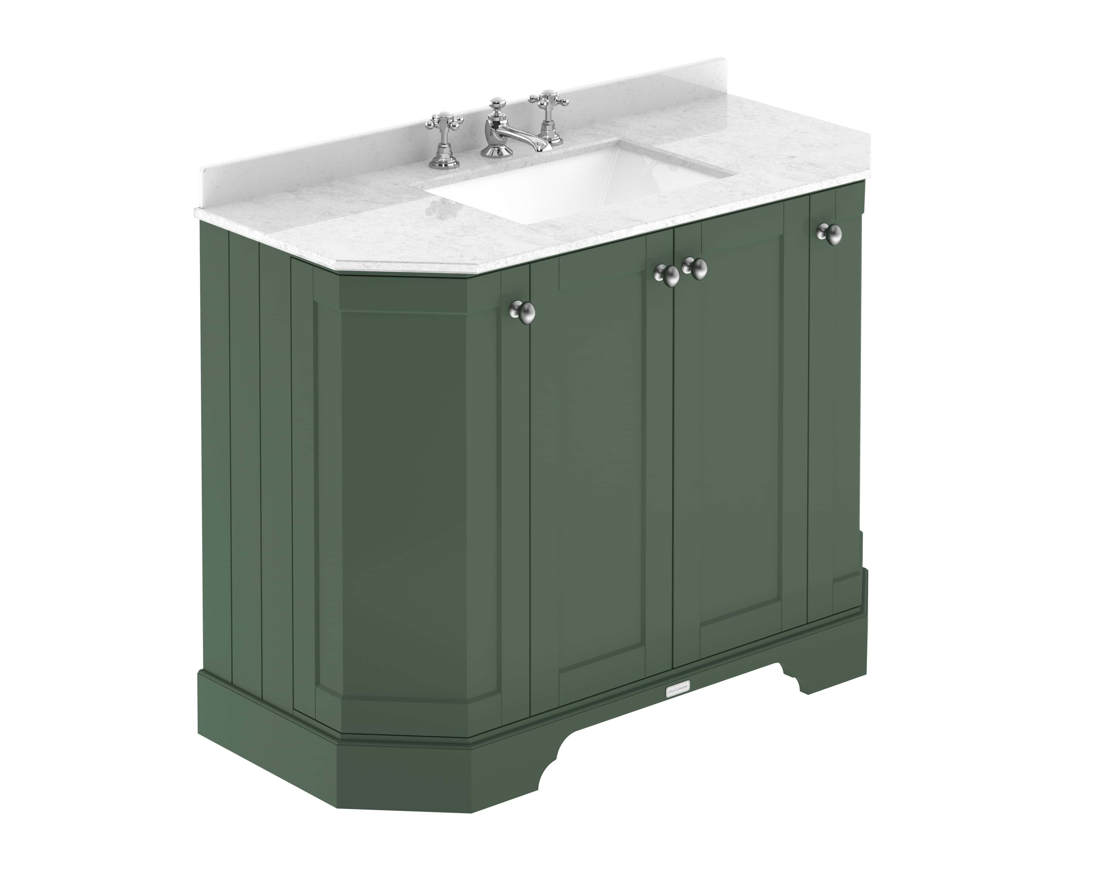 Shaker style bathroom cabinet with marble top and brass fixtures.