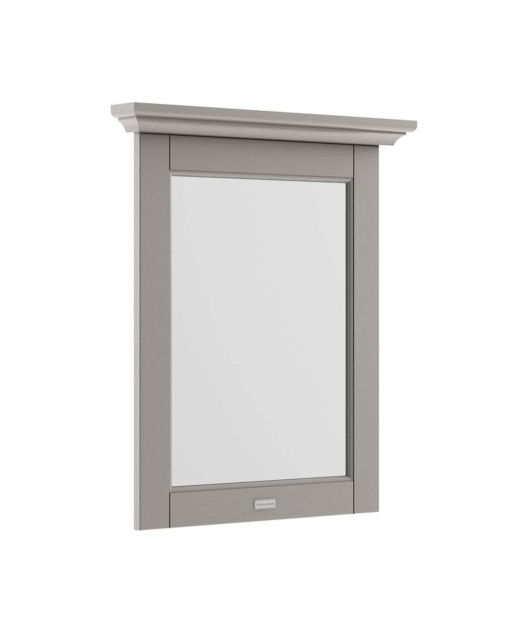 Pristine grey bathroom mirror with classic wooden frame and elegant crown molding, ideal for contemporary bathroom decor and luxury bathroom design. Perfect for vanity or wall mirror installations.