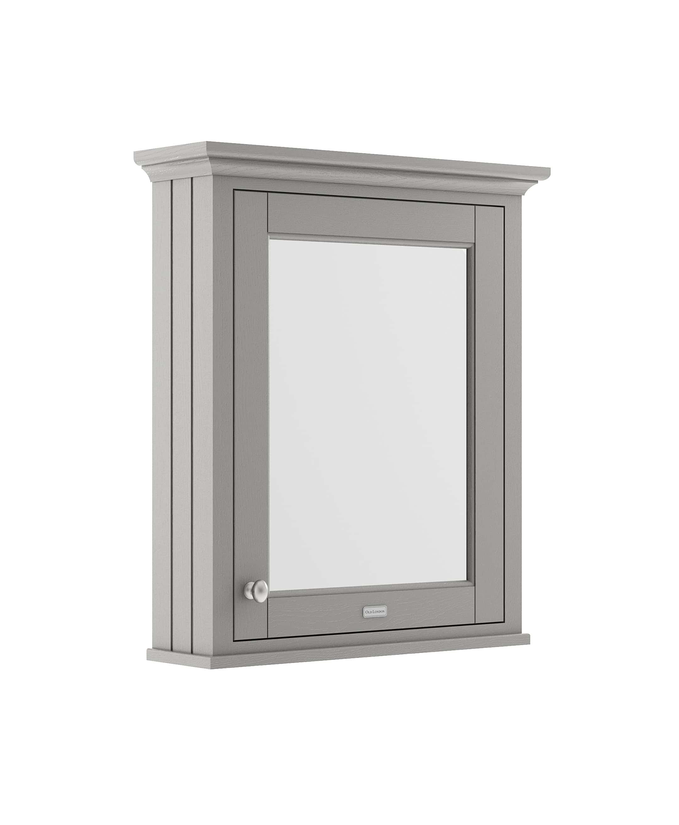 Elevated light grey bathroom mirror cabinet with storage space, traditional design, and classic wooden finish, ideal for modern and traditional bathrooms.