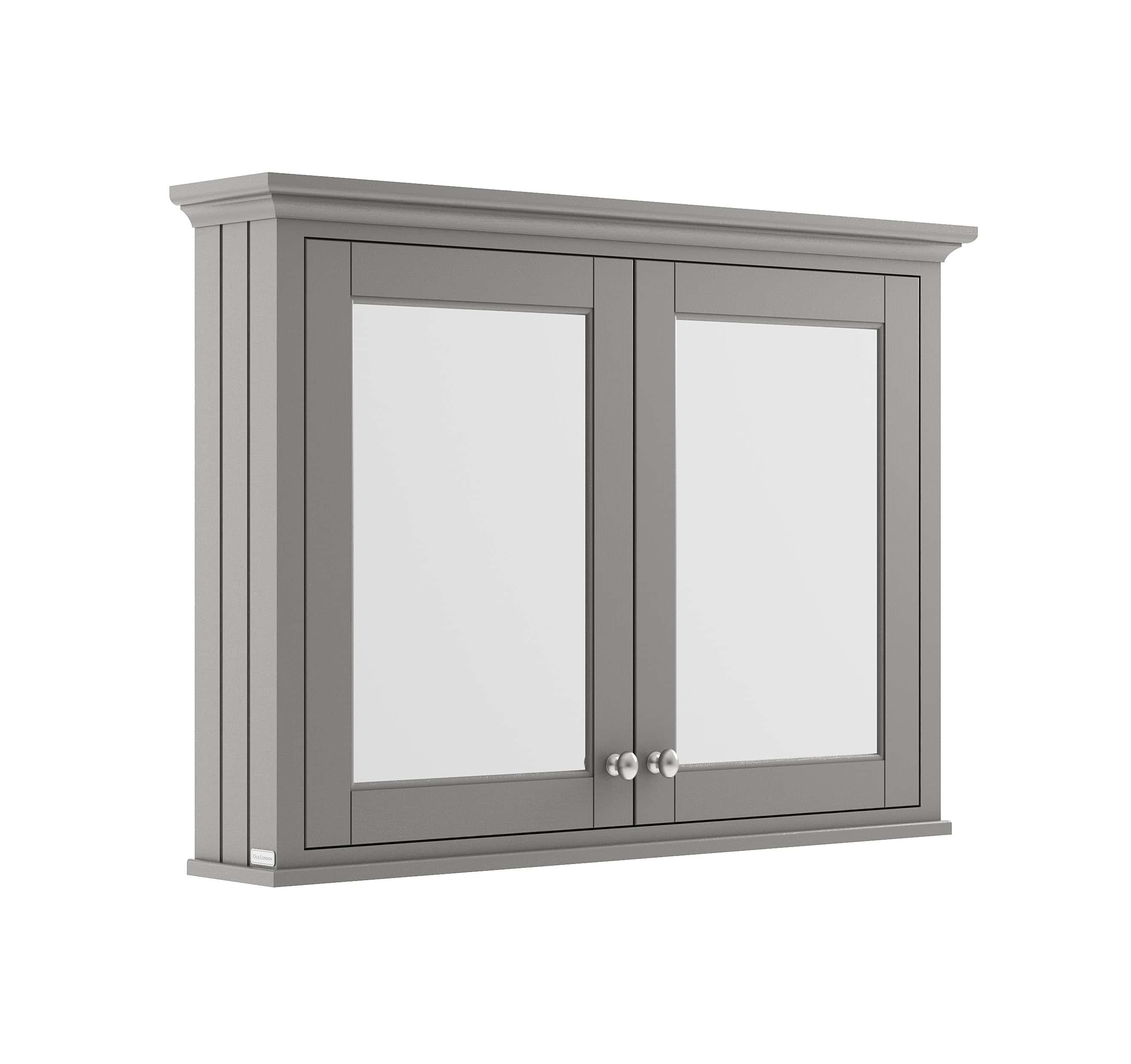 Stylish grey bathroom cabinet with mirrored doors, ideal for modern bathroom storage and decoration, featuring sleek design and ample space for toiletries.