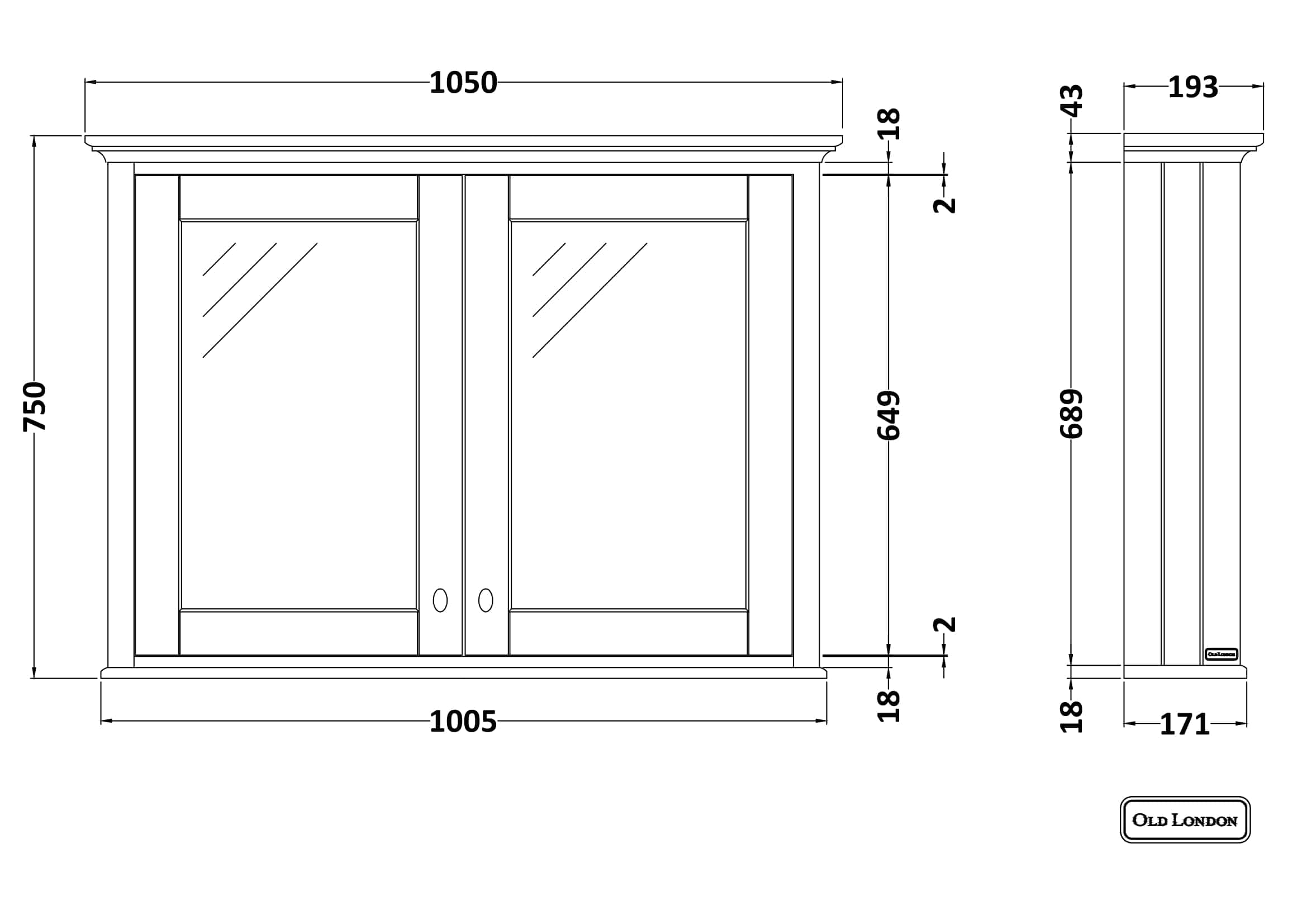 High-quality vintage bathroom cabinet with mirrored doors, detailed technical drawing, classic design, wooden frame, suitable for traditional and modern bathroom decor, from Bubly Bathrooms.