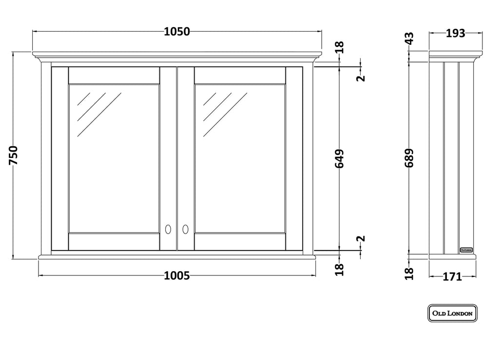 High-quality vintage bathroom cabinet with mirrored doors, detailed technical drawing, classic design, wooden frame, suitable for traditional and modern bathroom decor, from Bubly Bathrooms.