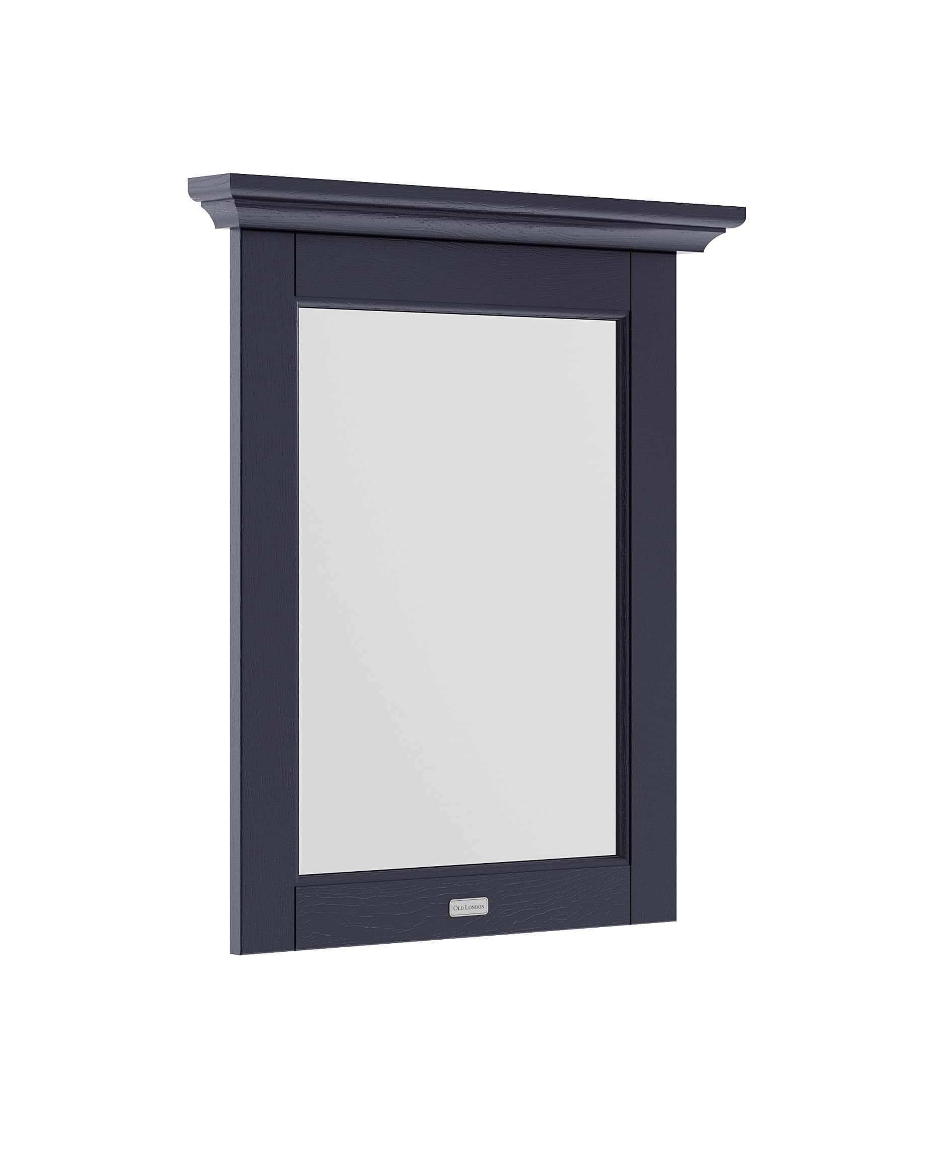 Elegant navy blue bathroom mirror with wooden frame and classic crown moulding, ideal for contemporary and traditional bathrooms. Perfect for enhancing bathroom aesthetics and storage space.