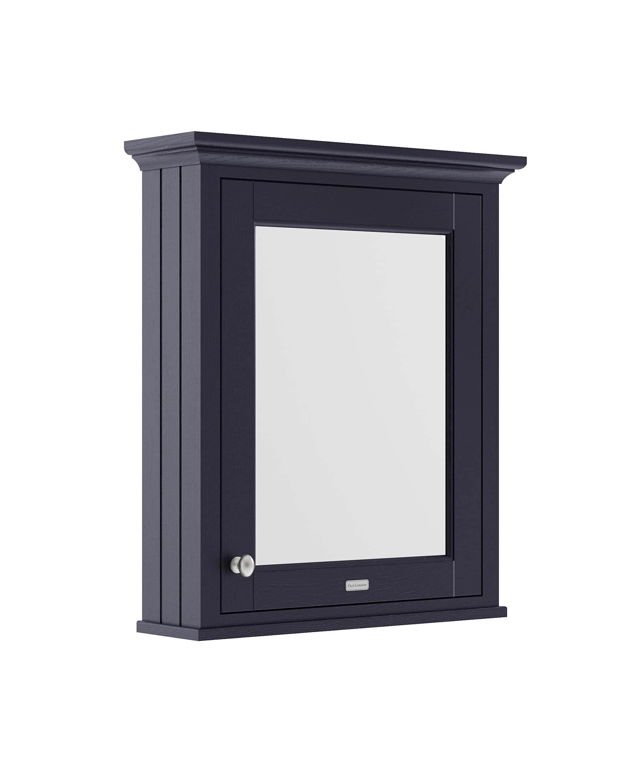 Dark blue bathroom wall cabinet with mirrored door and silver knob, perfect for modern bathroom storage solutions and bathroom mirrors. Ideal for organising toiletries in a stylish, space-saving design.
