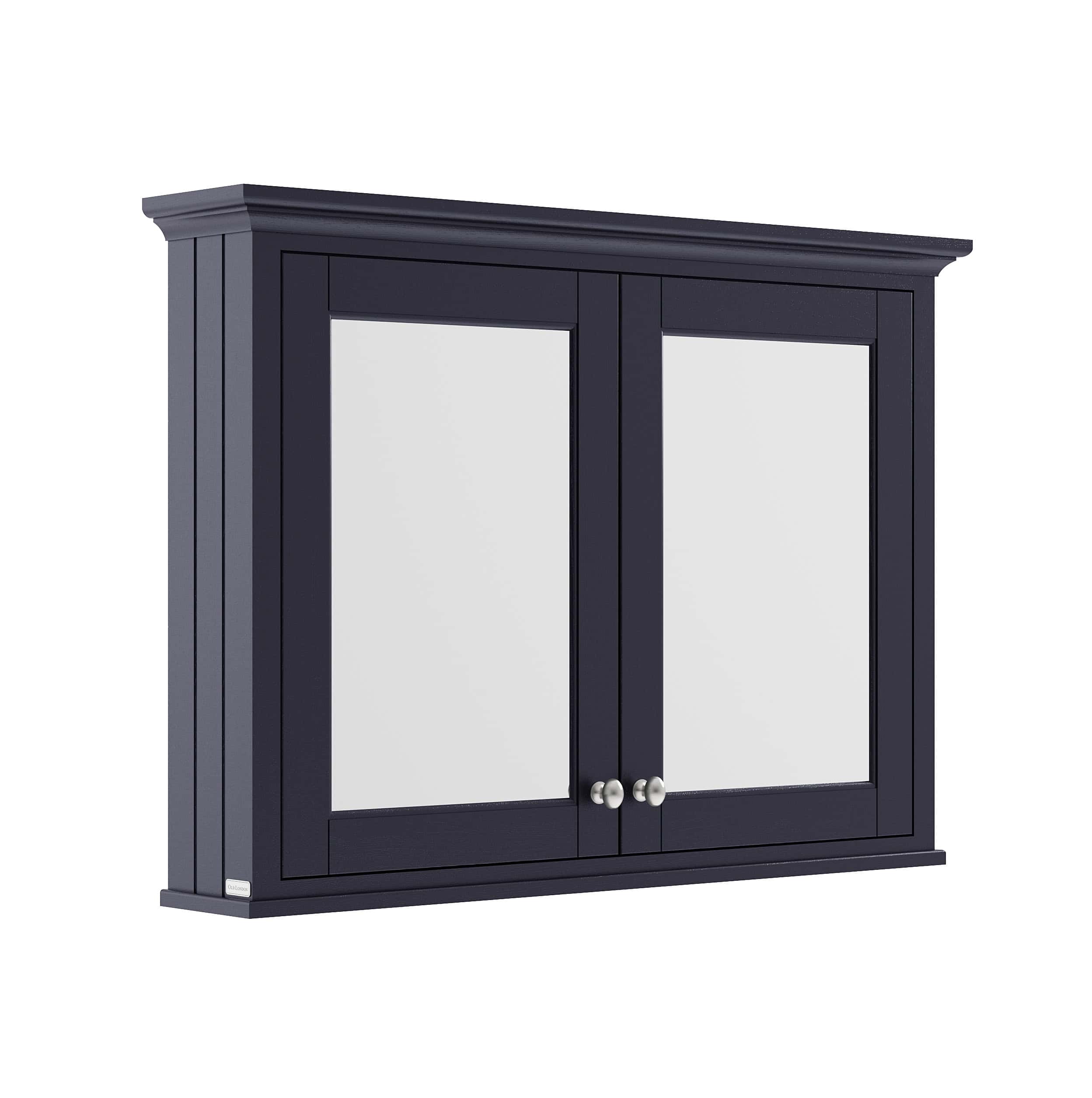 Sleek navy blue bathroom mirror cabinet with double mirrored doors and chrome knobs, ideal for modern bathrooms and bathroom storage solutions.