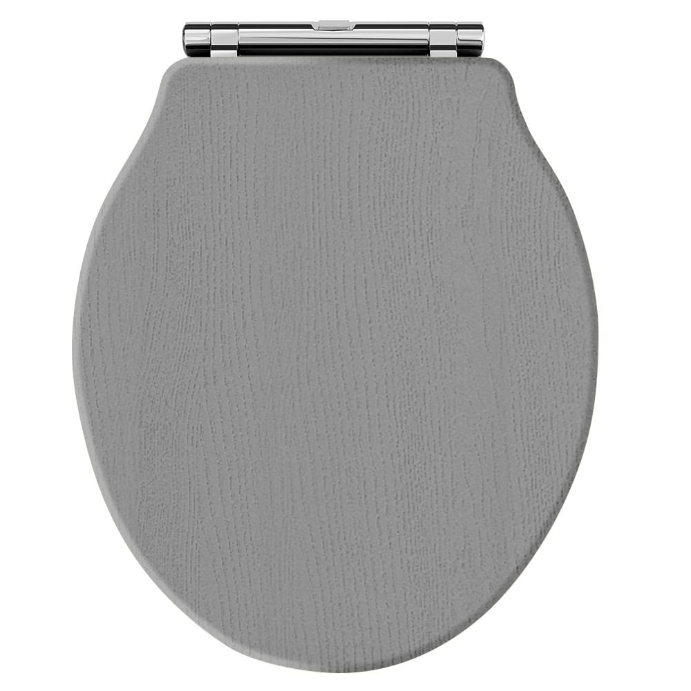Ergonomic grey toilet seat with soft-close hinge, designed for comfort and durability in modern bathroom settings.