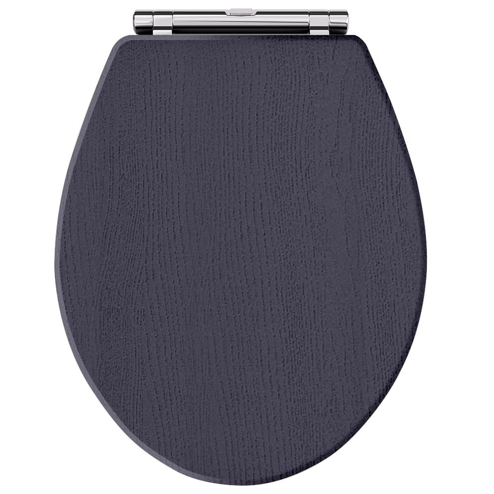 Elegant navy blue toilet seat with soft-close hinges, designed for modern bathrooms and enhanced comfort. Perfect for stylish bathroom upgrades and durable yet sleek fixtures.