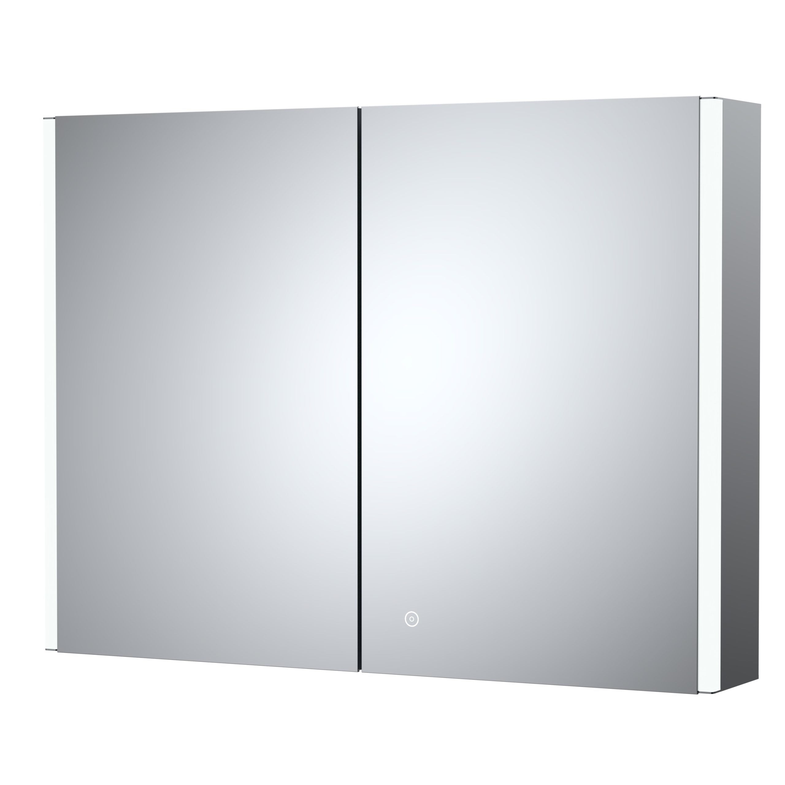 Sleek modern bathroom mirror cabinet with built-in lighting, ideal for contemporary bathroom interiors, providing ample storage and stylish illumination.